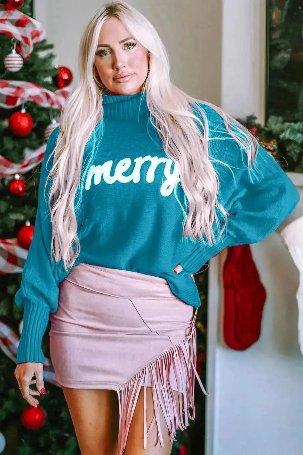 Double Take Full Size Merry Christmas Turtleneck Long Sleeve Sweater - Bad Moms Club