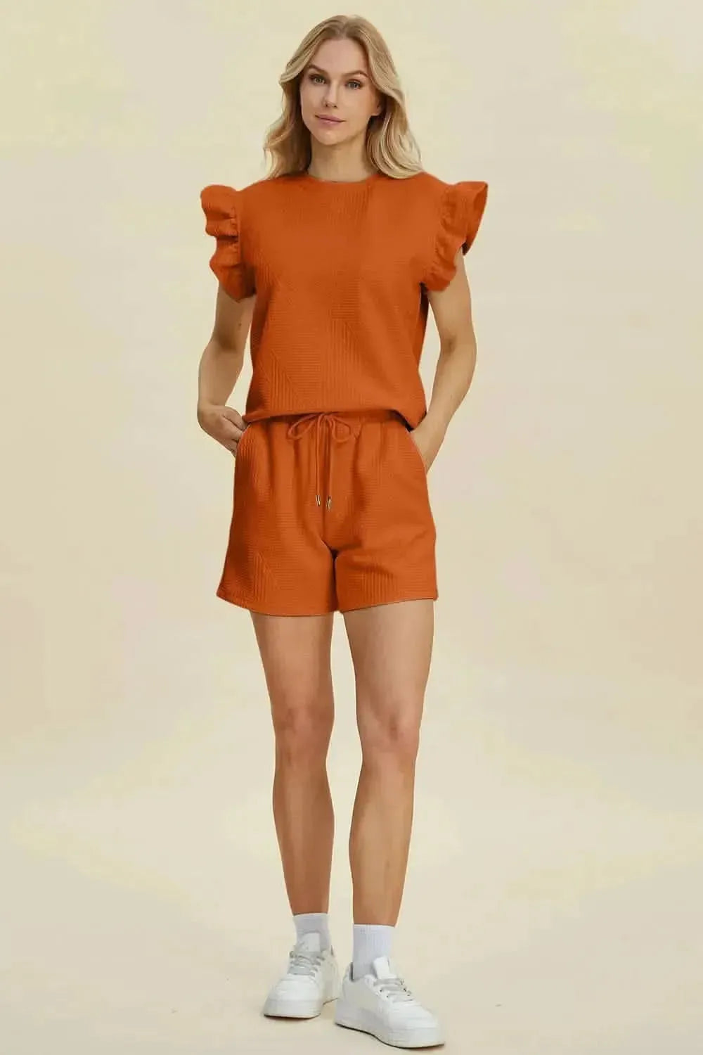 Double Take Full Size Texture Round Neck Ruffle Sleeve Top and Shorts Set - Bad Moms Club