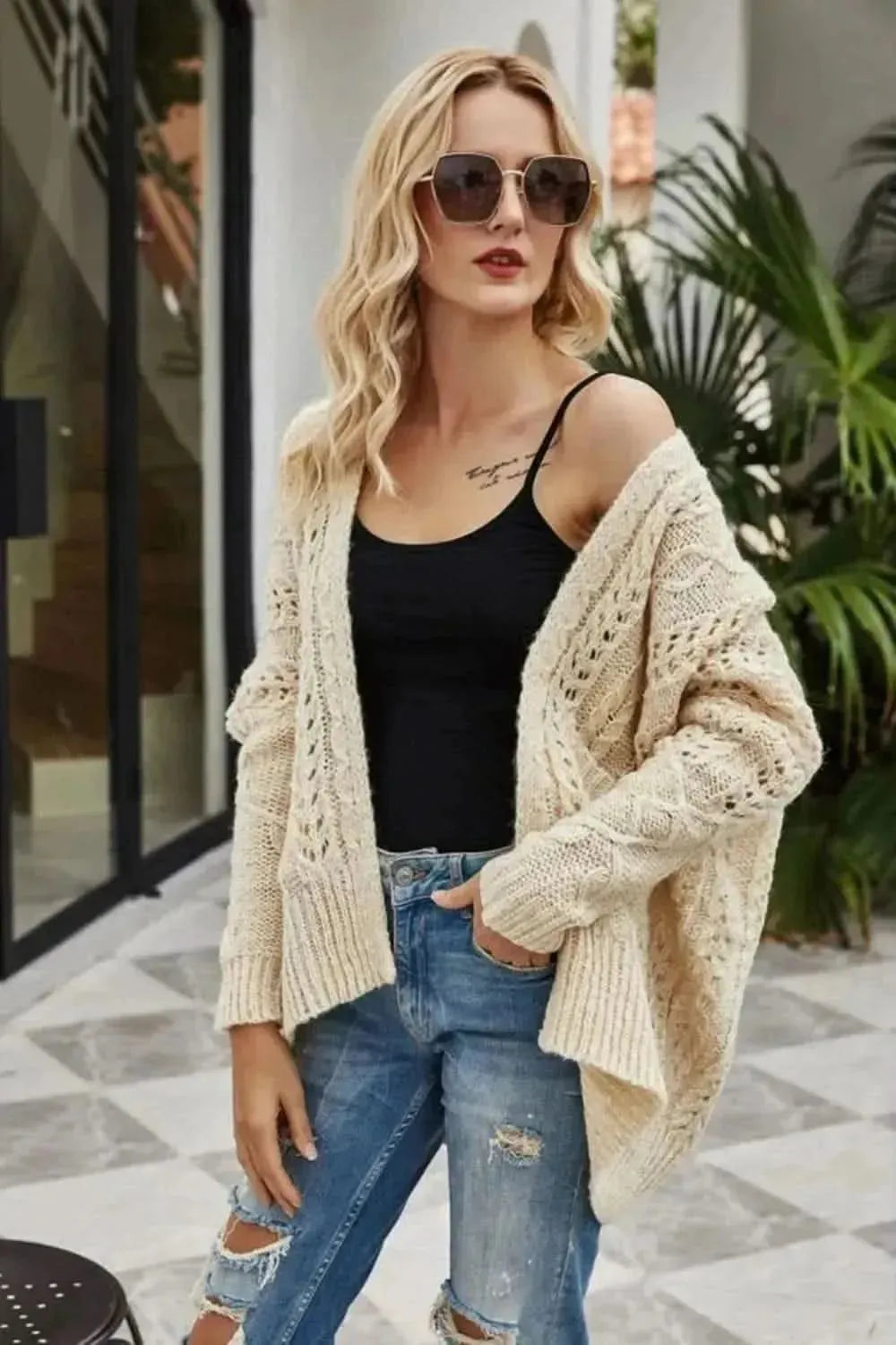 Ribbed Trim Openwork Open Front Cardigan - Bad Moms Club