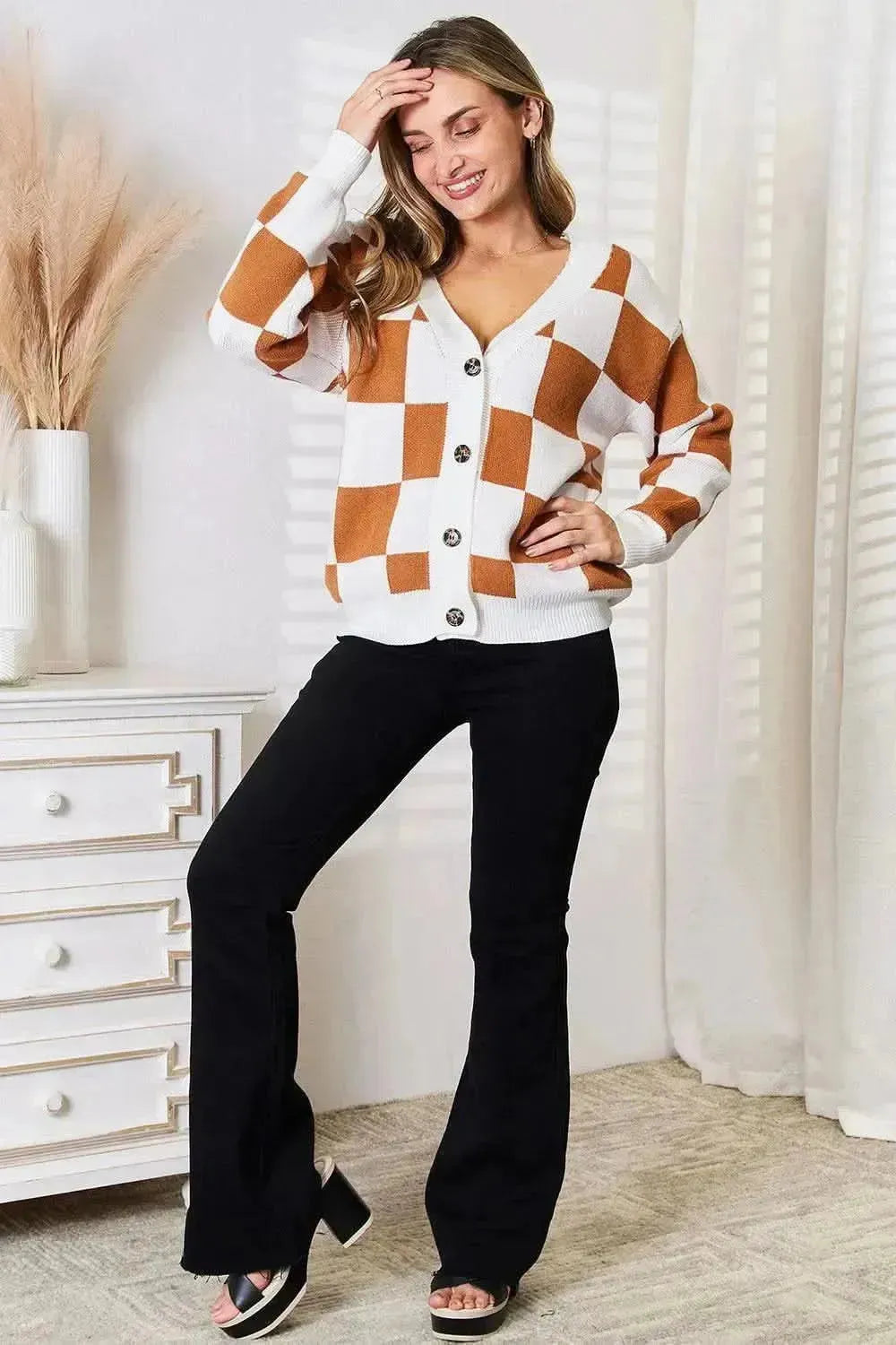 Double Take Button-Up V-Neck Dropped Shoulder Cardigan - Bad Moms Club