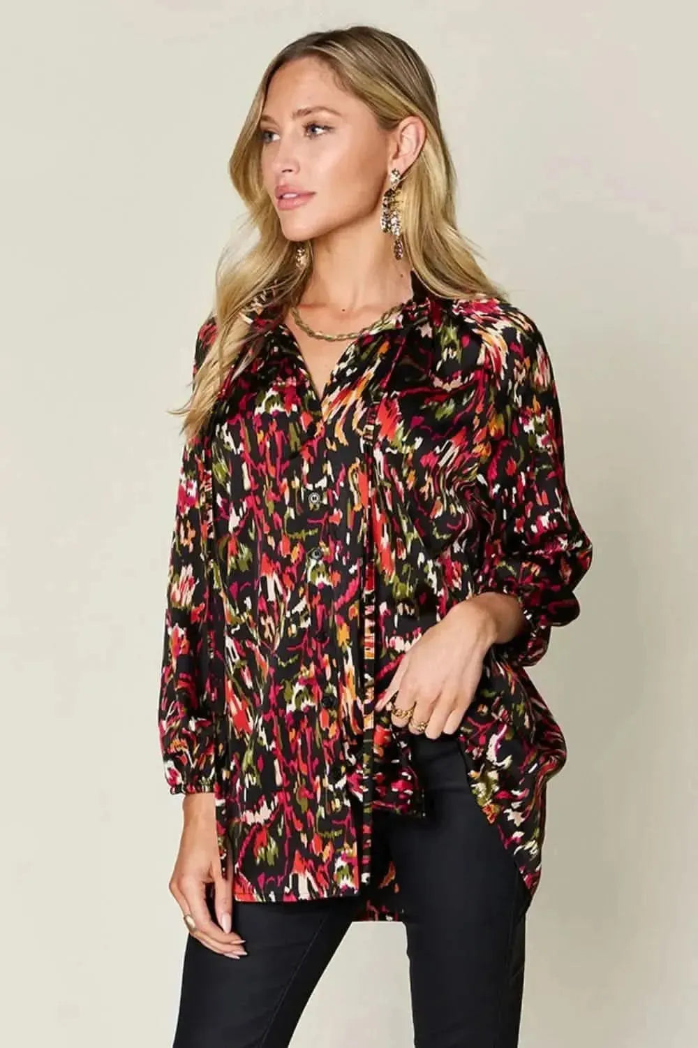 Double Take Full Size Printed Button Up Long Sleeve Shirt - Bad Moms Club