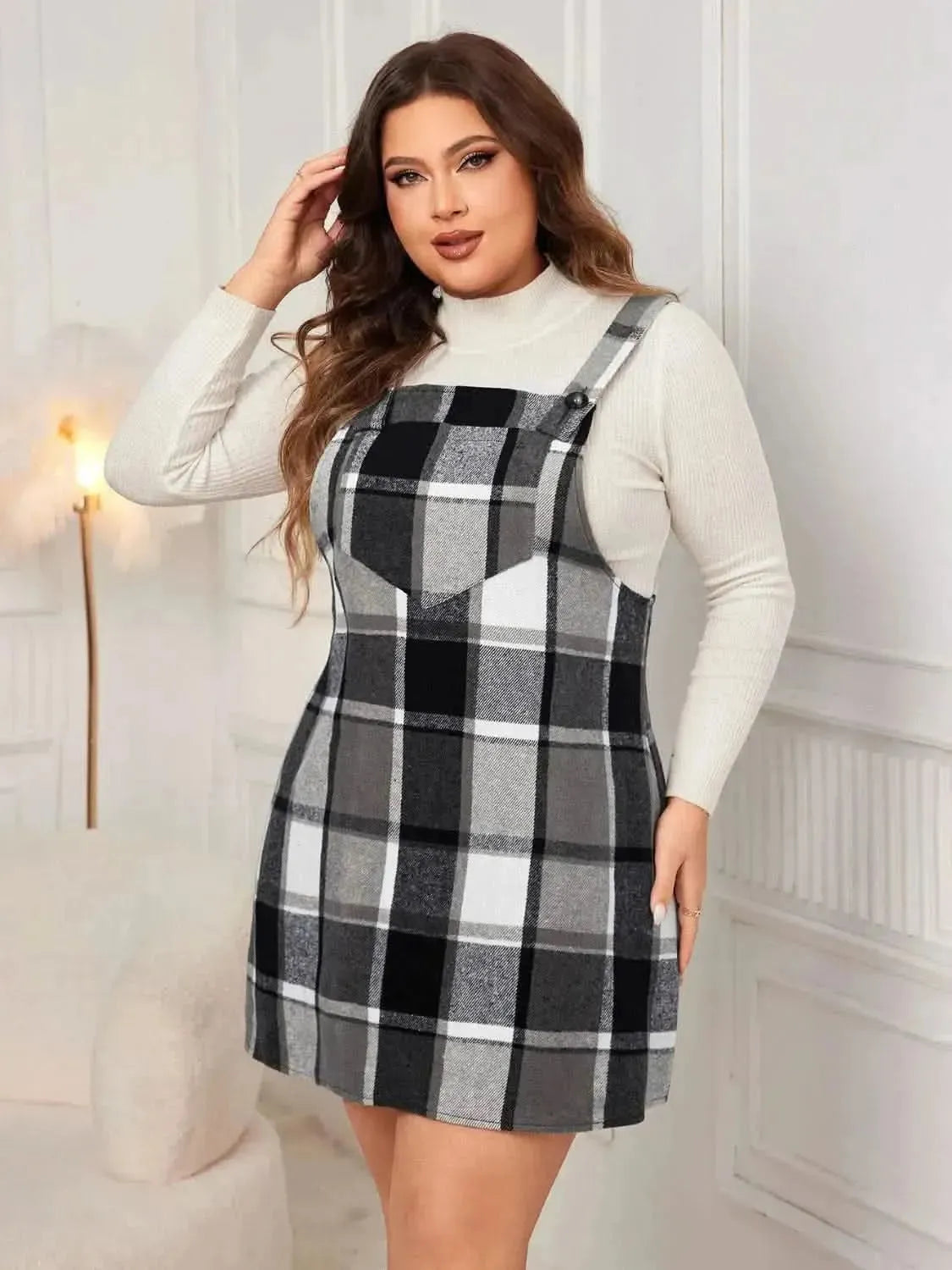 Honey Plus Size Plaid Wide Strap Overall Dress - Bad Moms Club