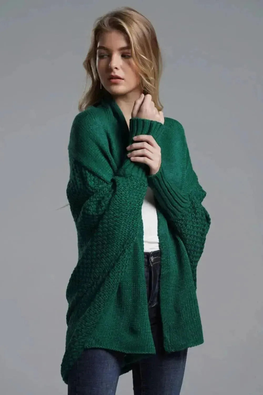 Dolman Sleeve Open Front Ribbed Trim Longline Cardigan - Bad Moms Club