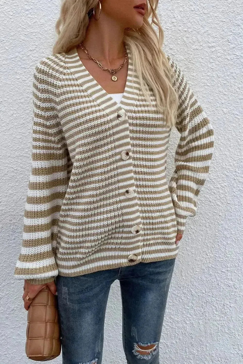 Striped V-Neck Button-Down Cardigan - Bad Moms Club