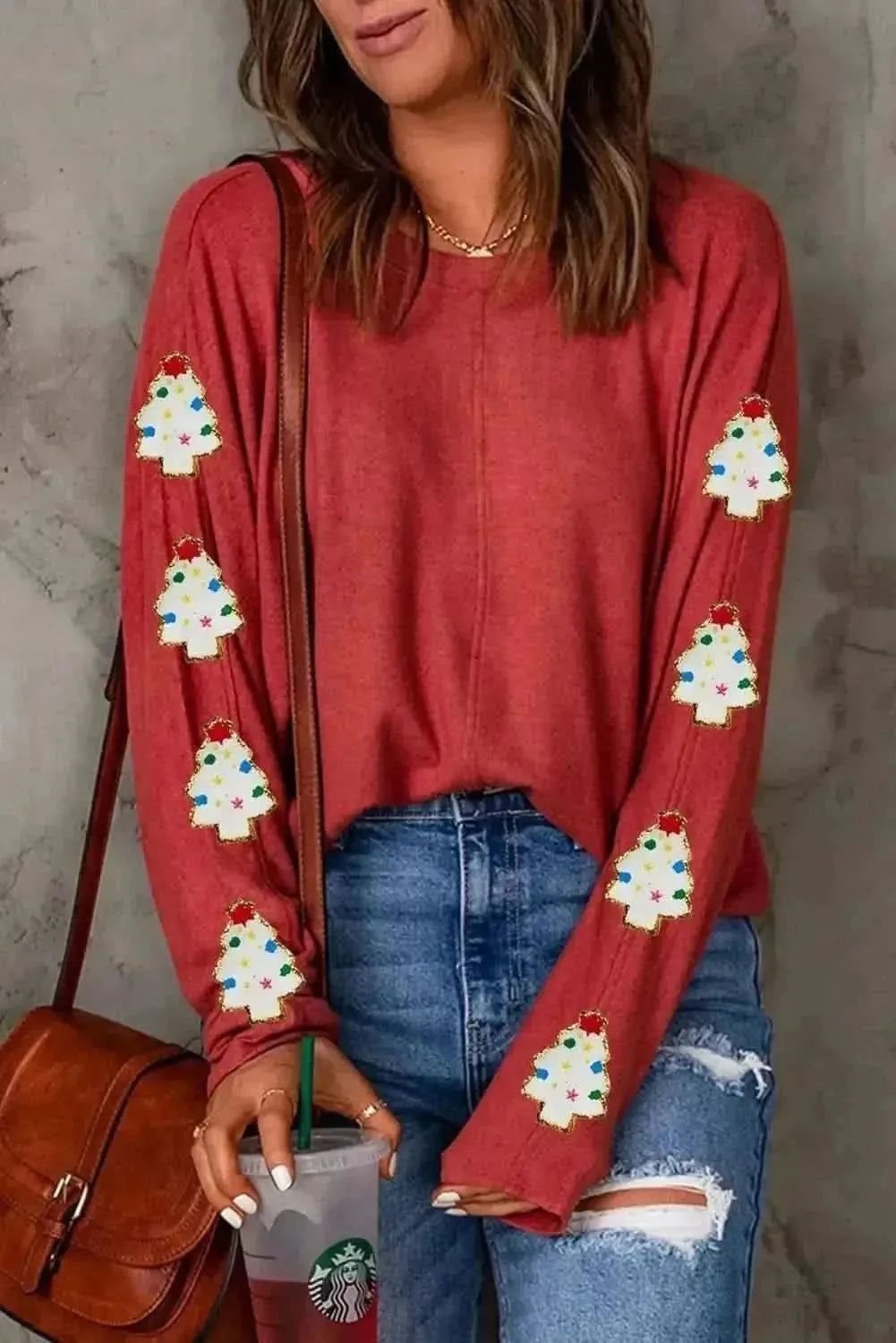 Christmas Tree Round Neck Long Sleeve Top - Bad Moms Club