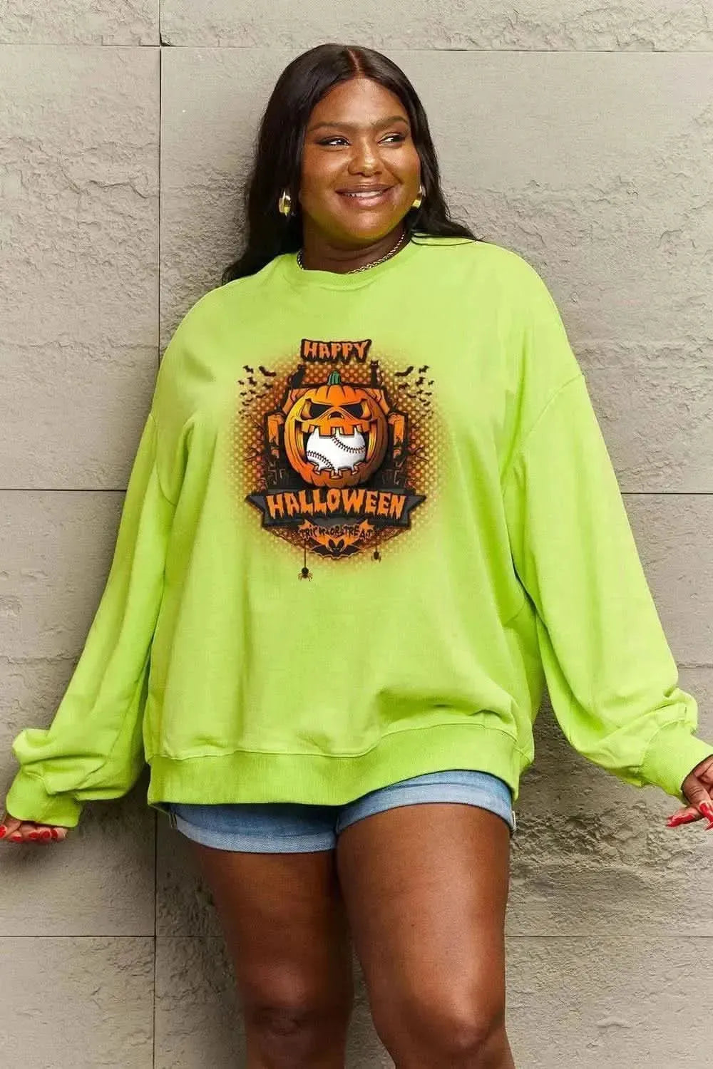 Simply Love Full Size HAPPY HALLOWEEN Graphic Sweatshirt - Bad Moms Club