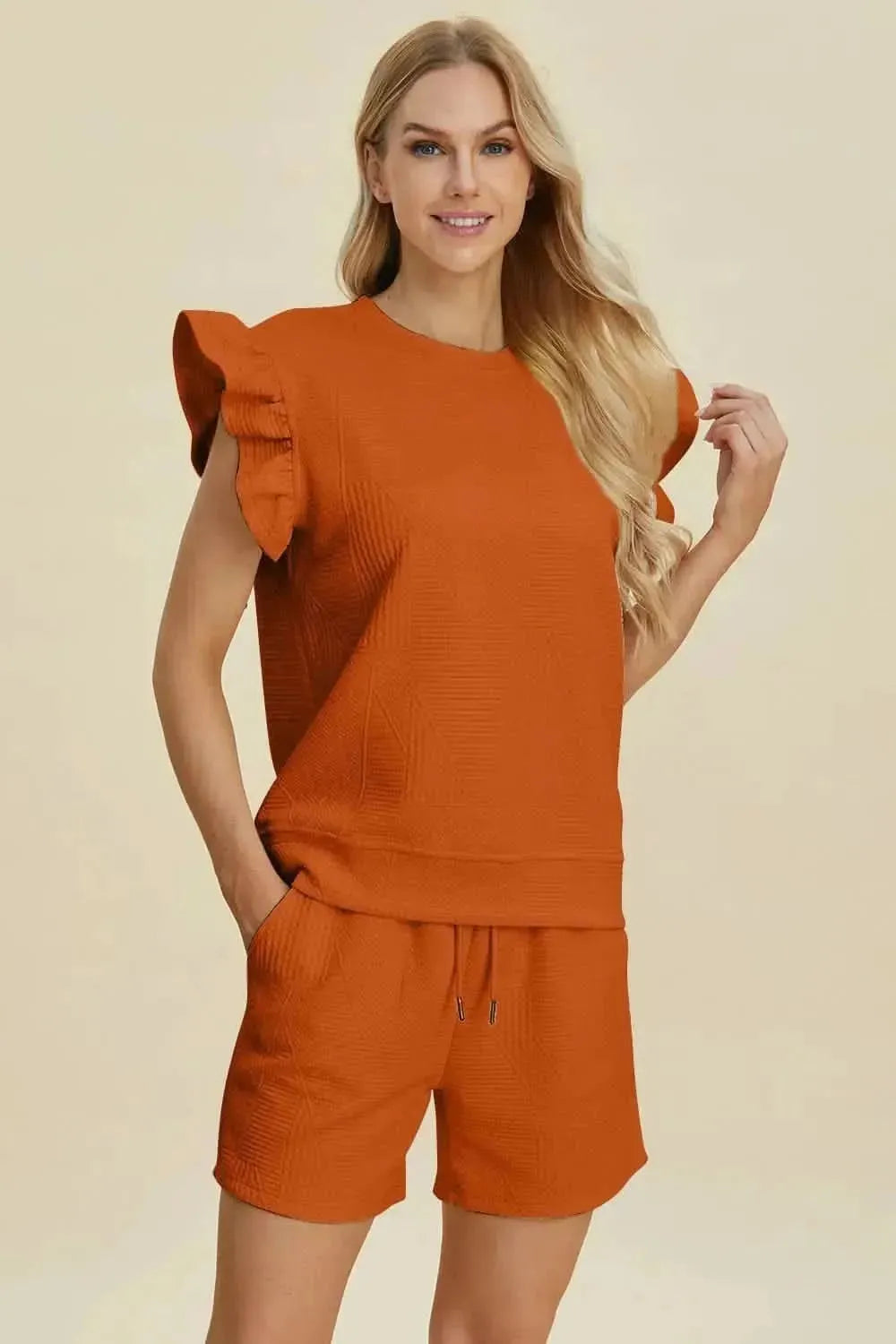 Double Take Full Size Texture Round Neck Ruffle Sleeve Top and Shorts Set - Bad Moms Club