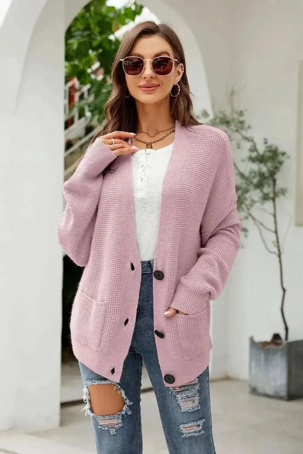 Button Up Drop Shoulder Long Sleeve Cardigan - Bad Moms Club