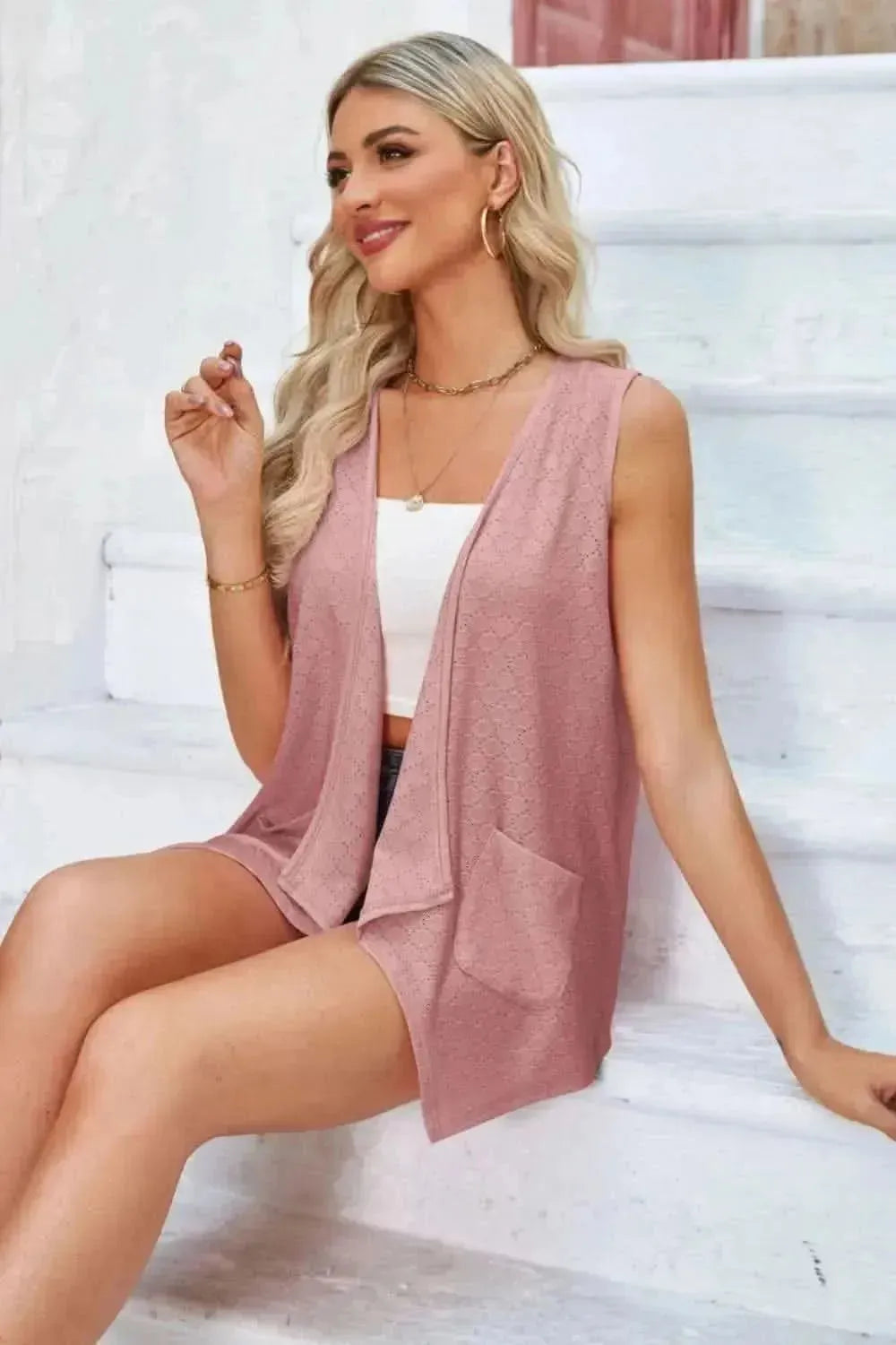 Eyelet Open Front Sleeveless Cardigan - Bad Moms Club