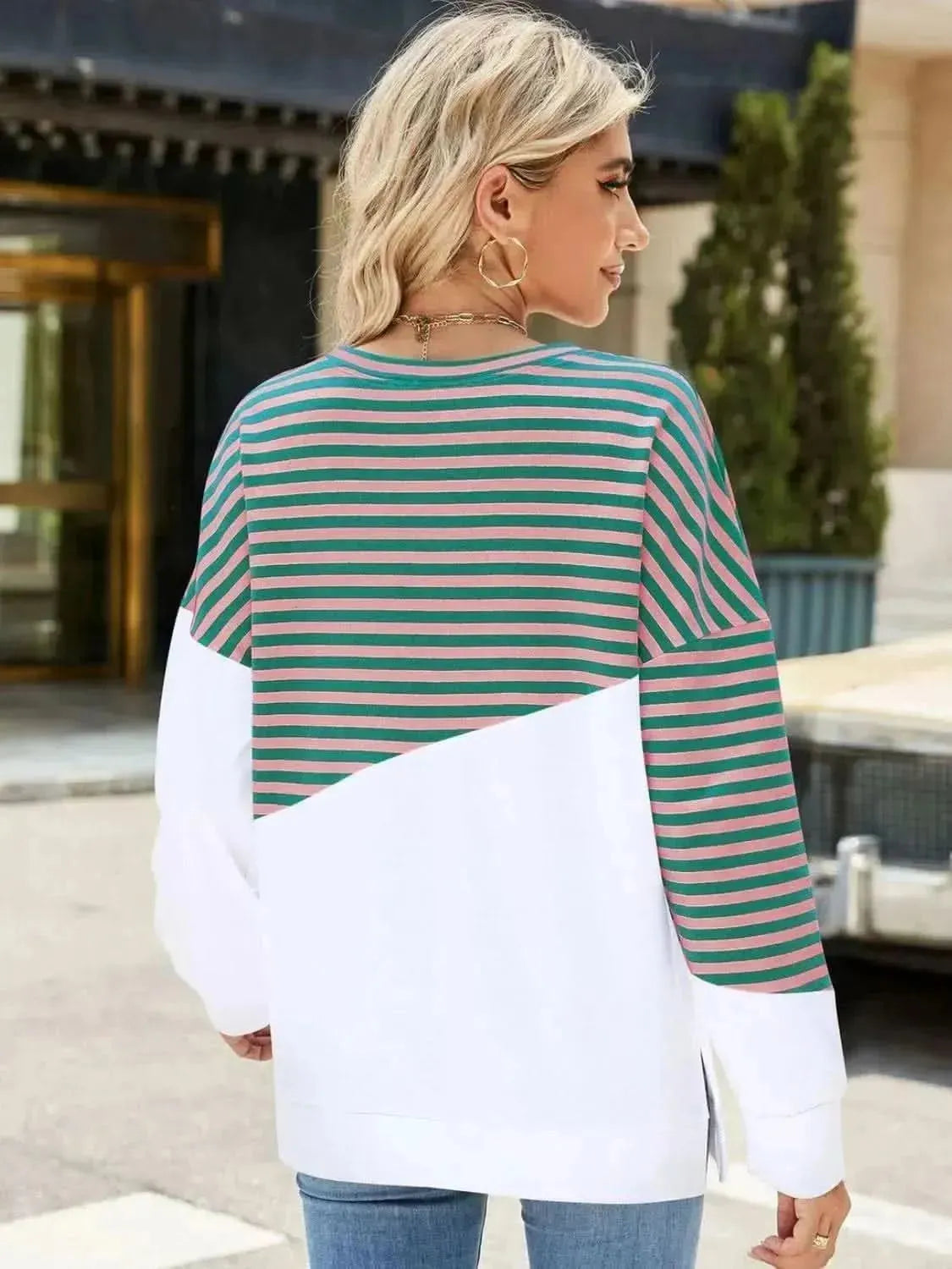 Slit Contrast Striped Long Sleeve Sweatshirt - Bad Moms Club