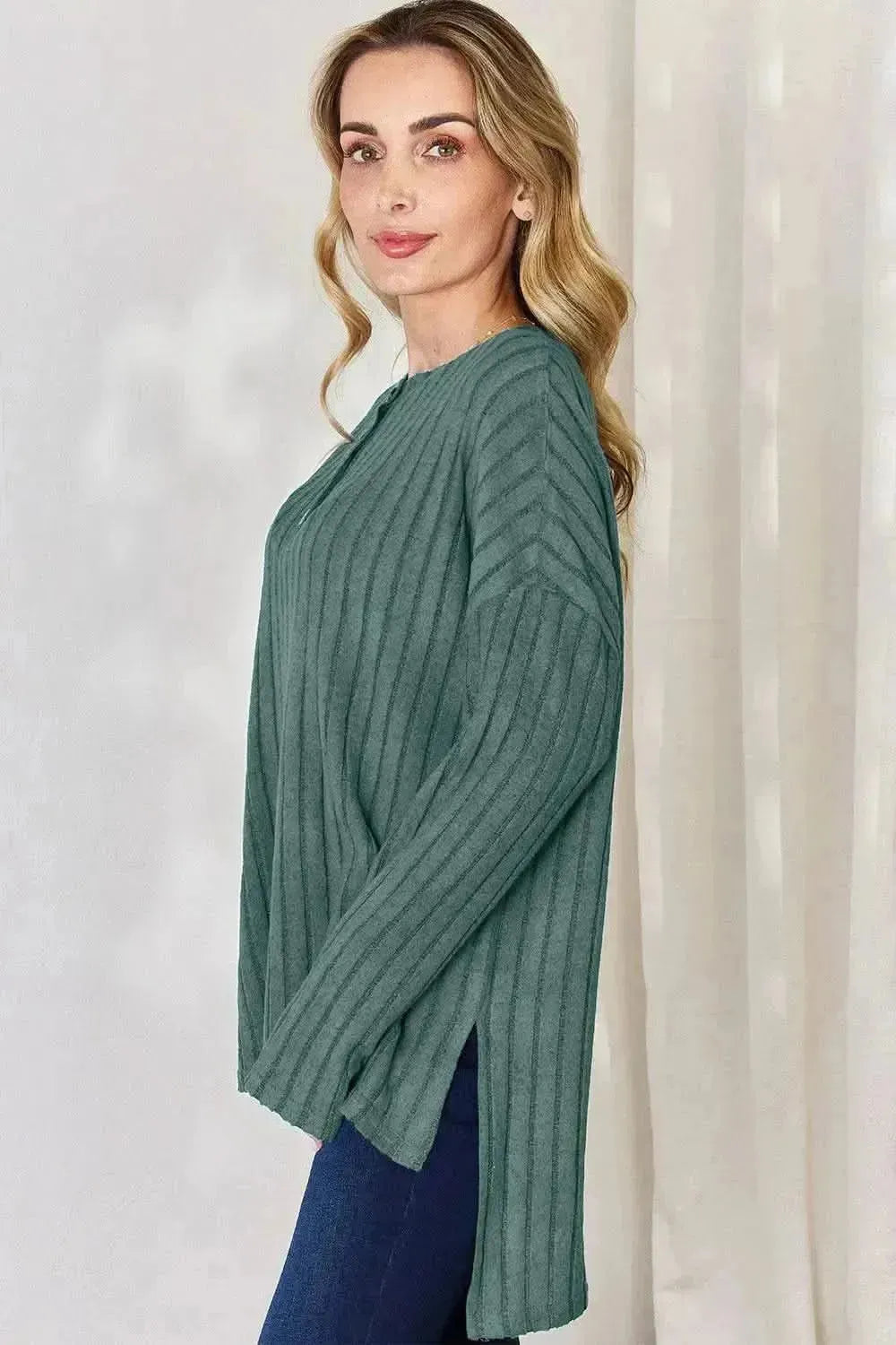 Basic Bae Full Size Ribbed Half Button Long Sleeve High-Low T-Shirt - Bad Moms Club
