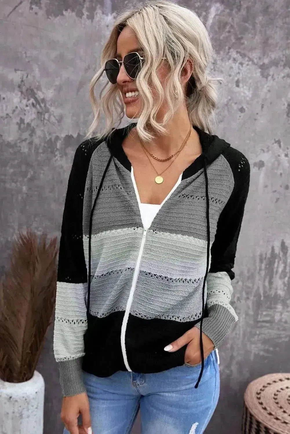 Zip-Up Raglan Sleeve Openwork Hooded Cardigan - Bad Moms Club