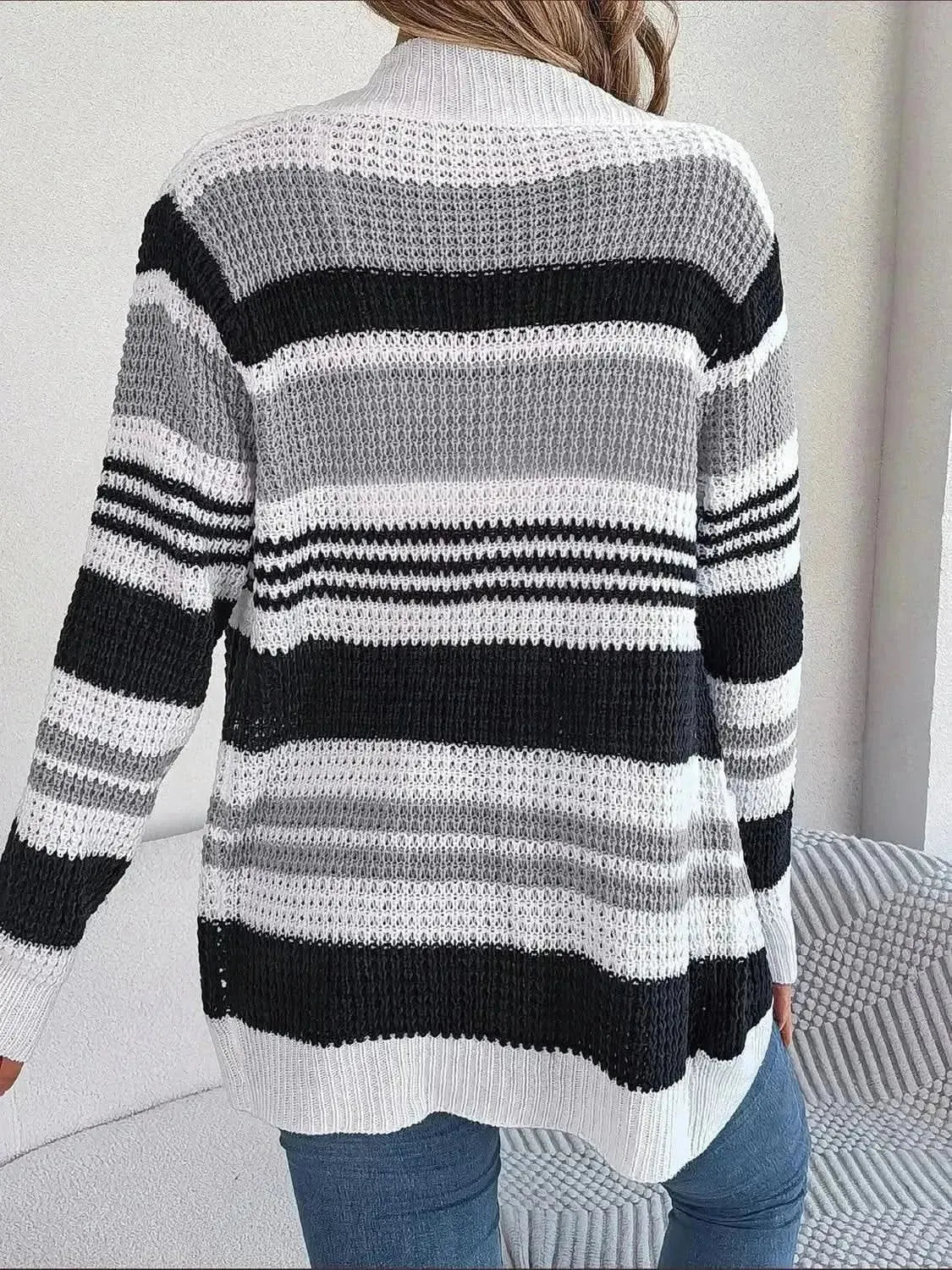Striped Open Front Long Sleeve Cardigan - Bad Moms Club