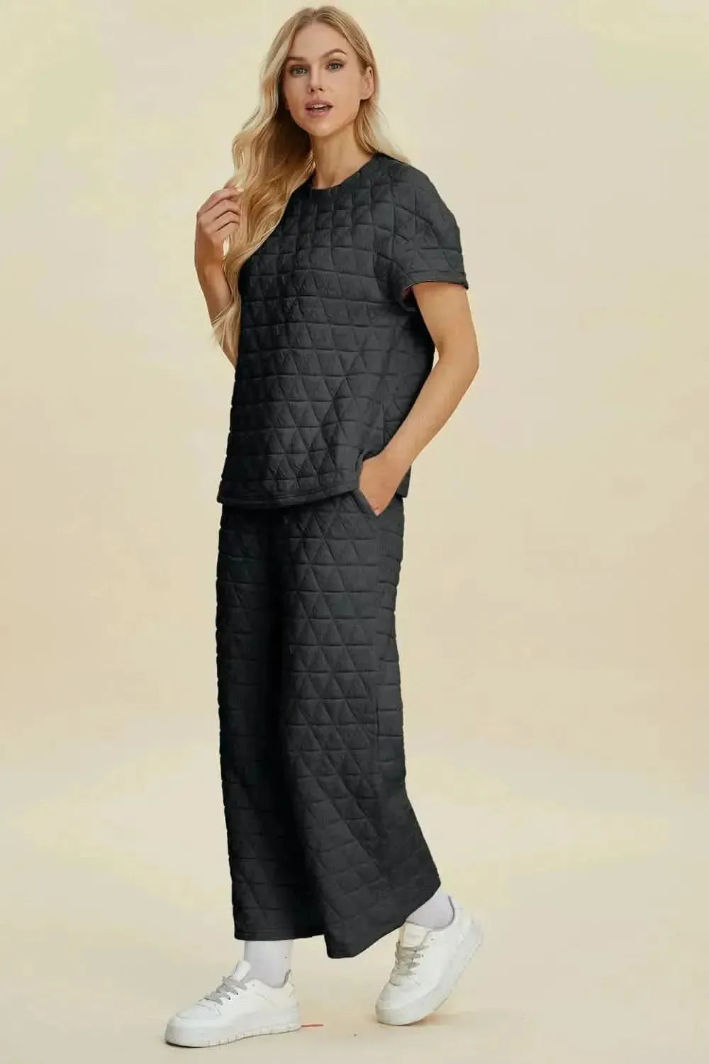 Double Take Full Size Texture Round Neck Short Sleeve Top and Pants Set - Bad Moms Club