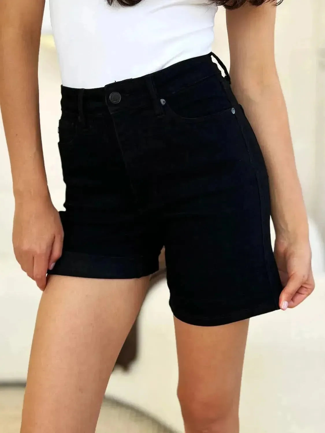 Judy Blue Full Size High Waist Tummy Control Cuffed Denim Shorts - Bad Moms Club