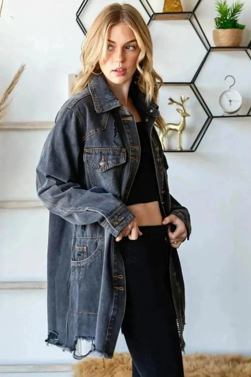 Veveret Button Up Distressed Frayed Hem Denim Jacket - Bad Moms Club