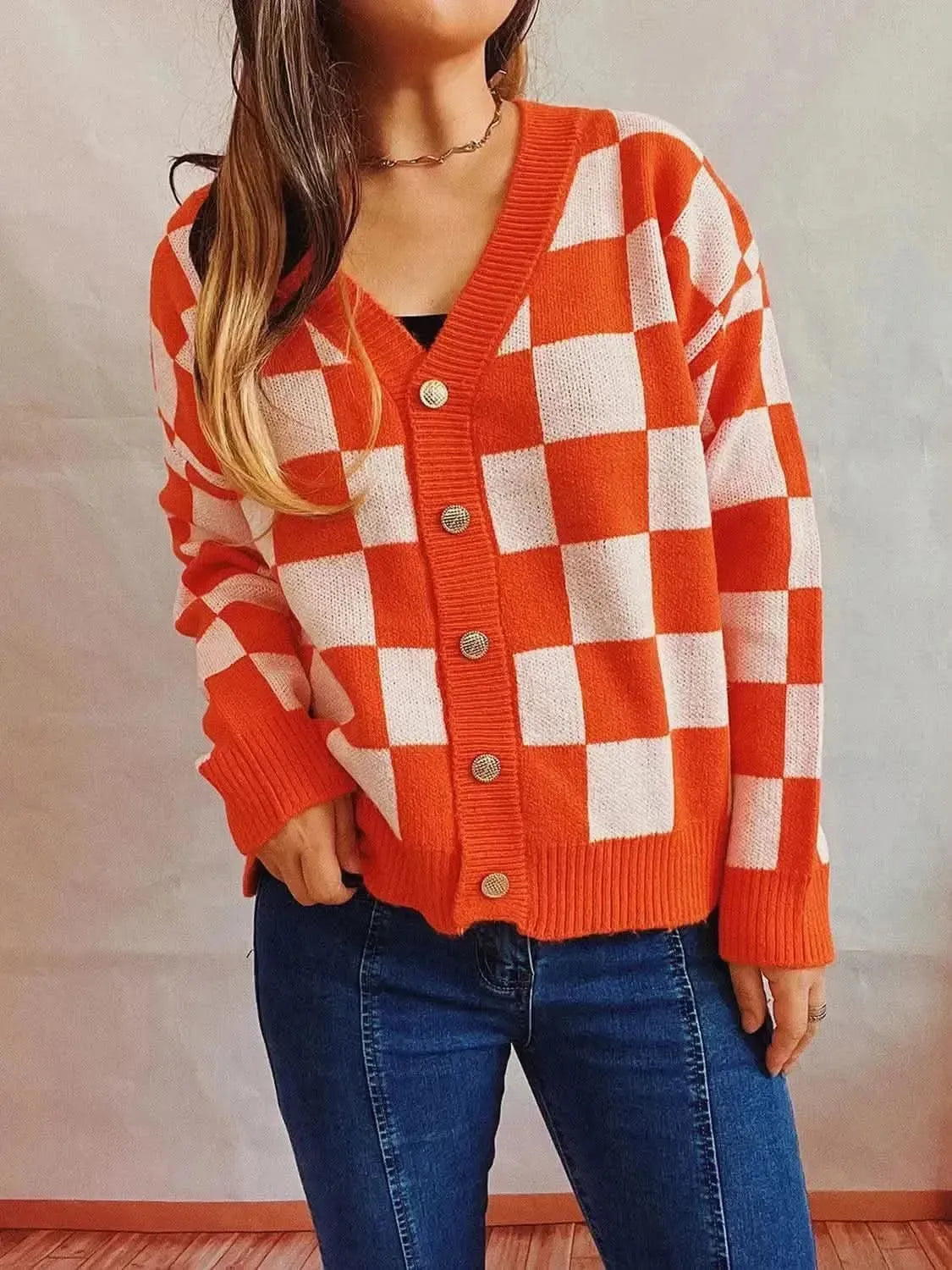 Checkered Open Front Button Up Cardigan - Bad Moms Club