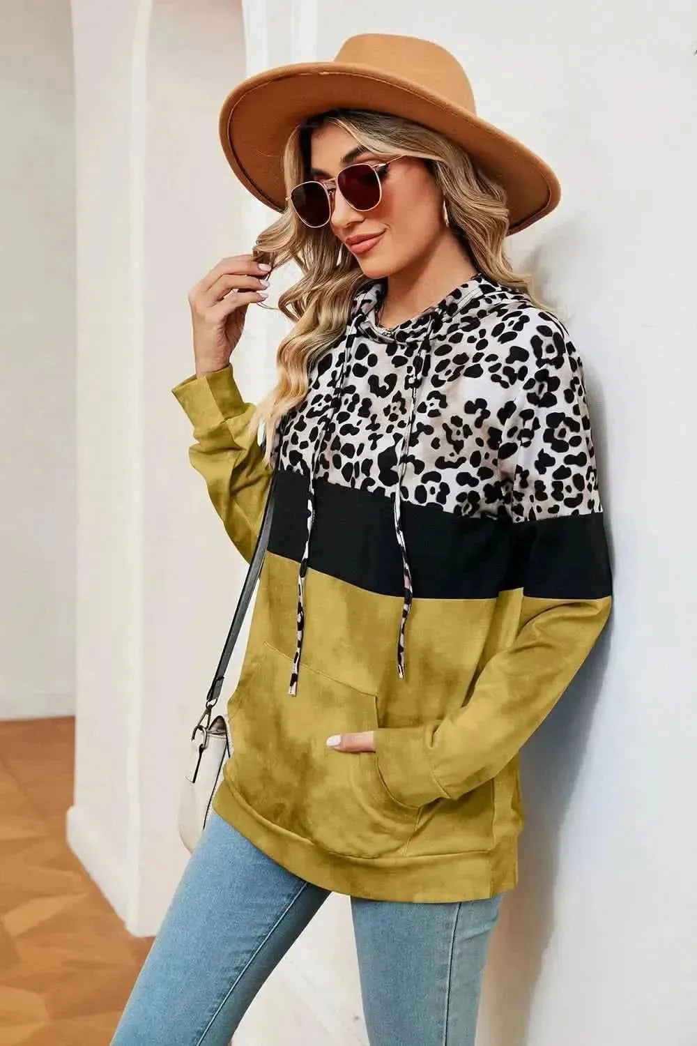Leopard Drawstring Hoodie with Pocket - Bad Moms Club