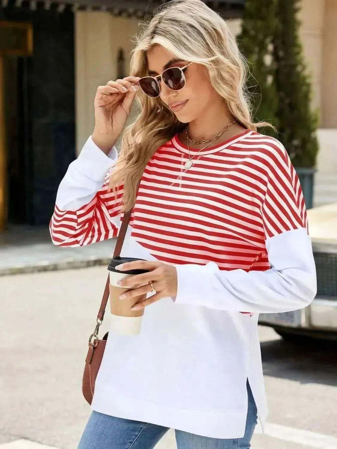 Slit Contrast Striped Long Sleeve Sweatshirt - Bad Moms Club