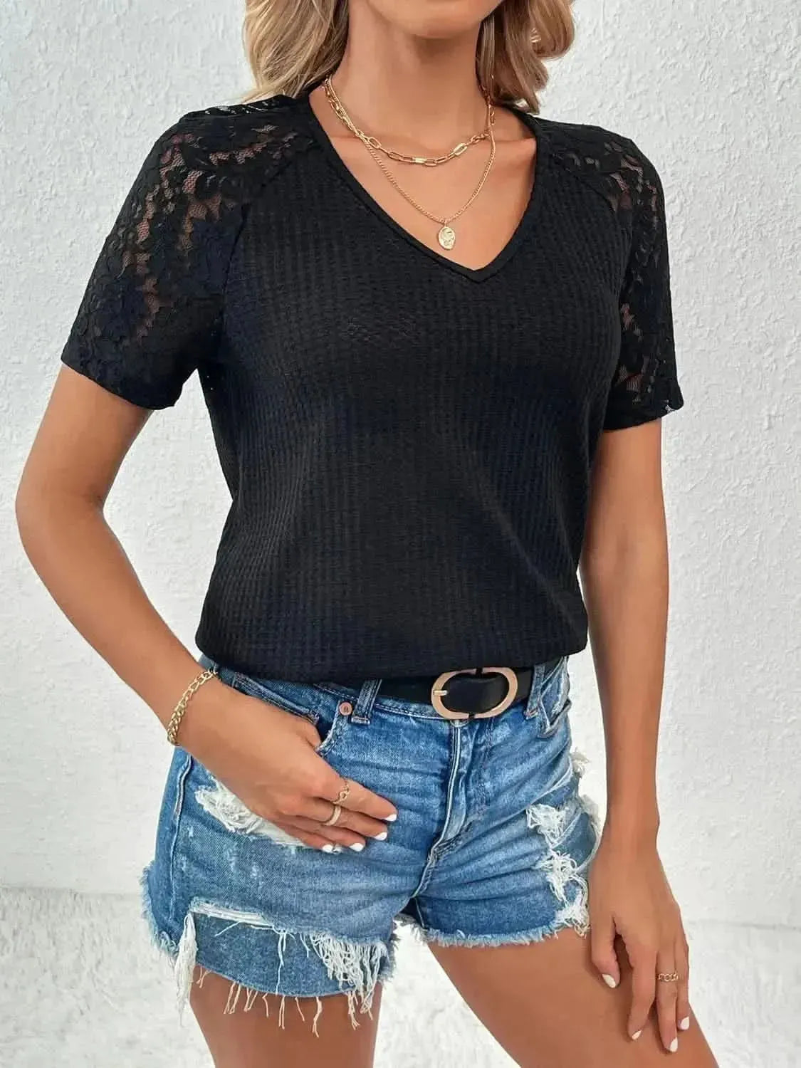 Ivy Lane Lace Detail V-Neck Short Sleeve T-Shirt - Bad Moms Club