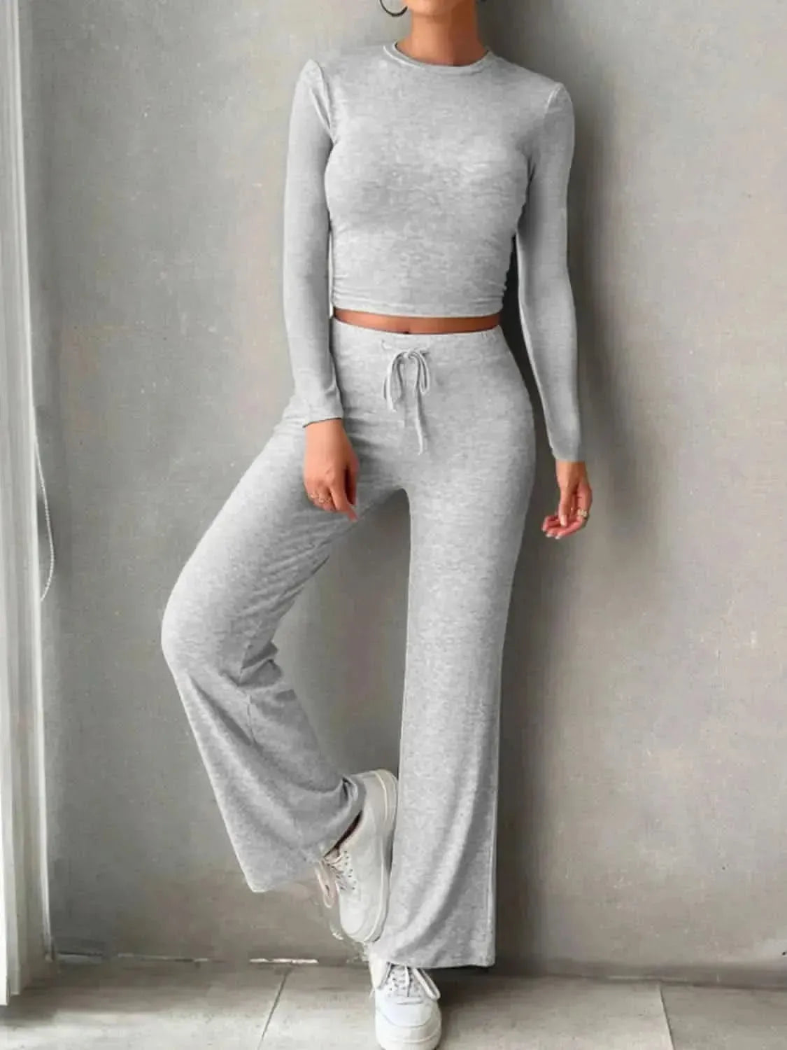 Round Neck Long Sleeve Top and Drawstring Pants Set - Bad Moms Club