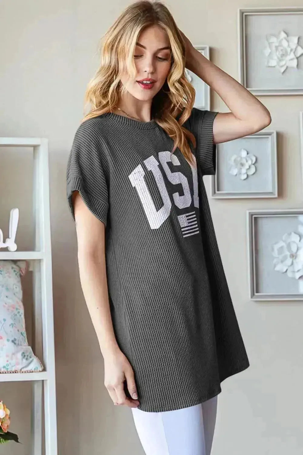 Heimish Full Size USA Graphic Short Sleeve Ribbed Top - Bad Moms Club