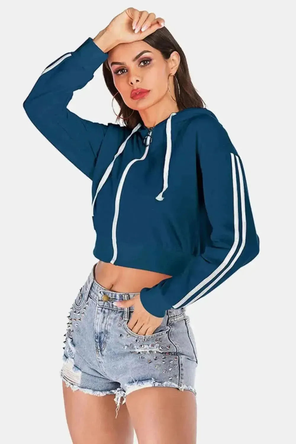 Perfee Side Stripe Drawstring Cropped Hooded Jacket - Bad Moms Club