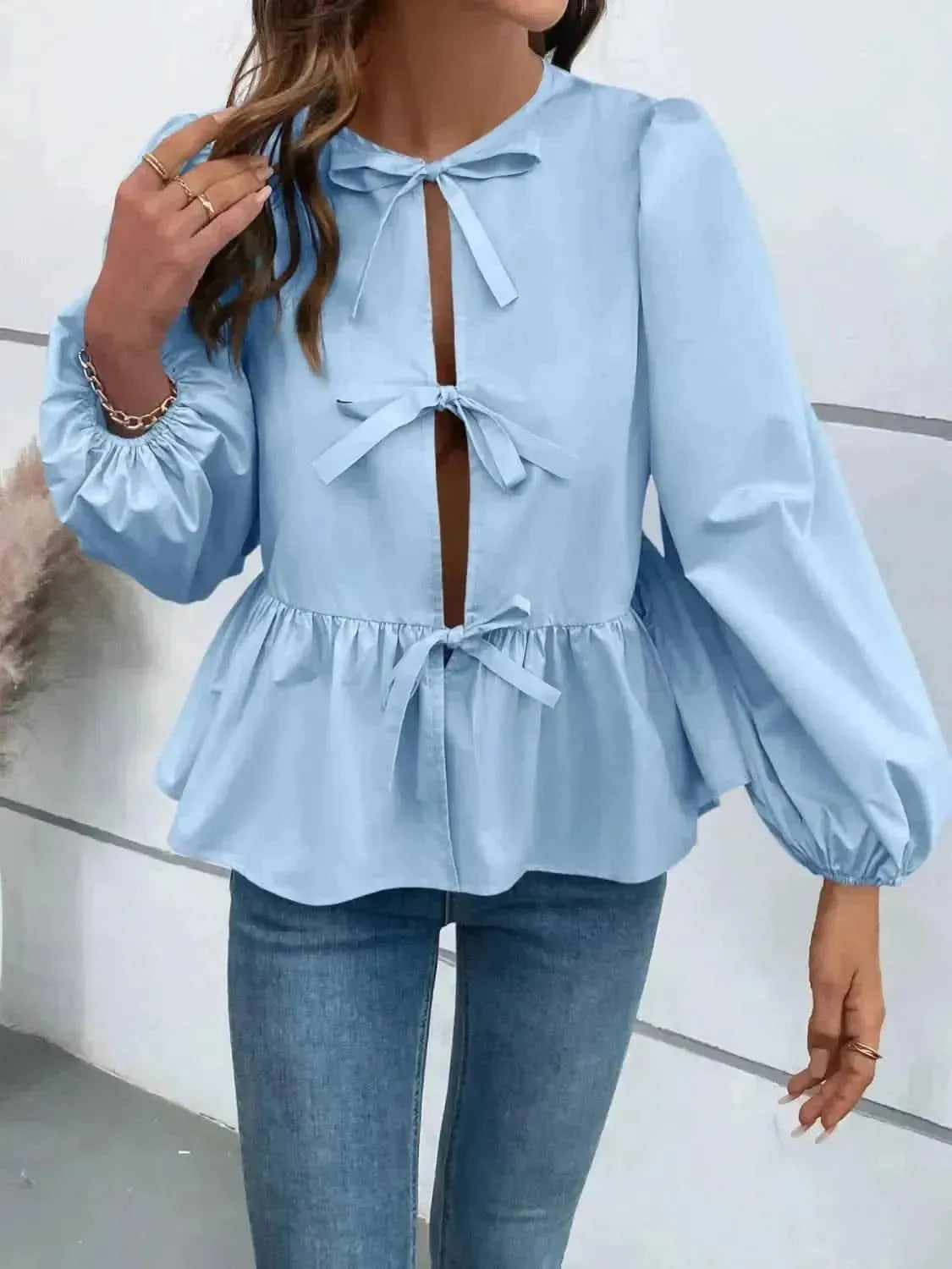 Ivy Lane Peplum Tied Long Sleeve Blouse - Bad Moms Club