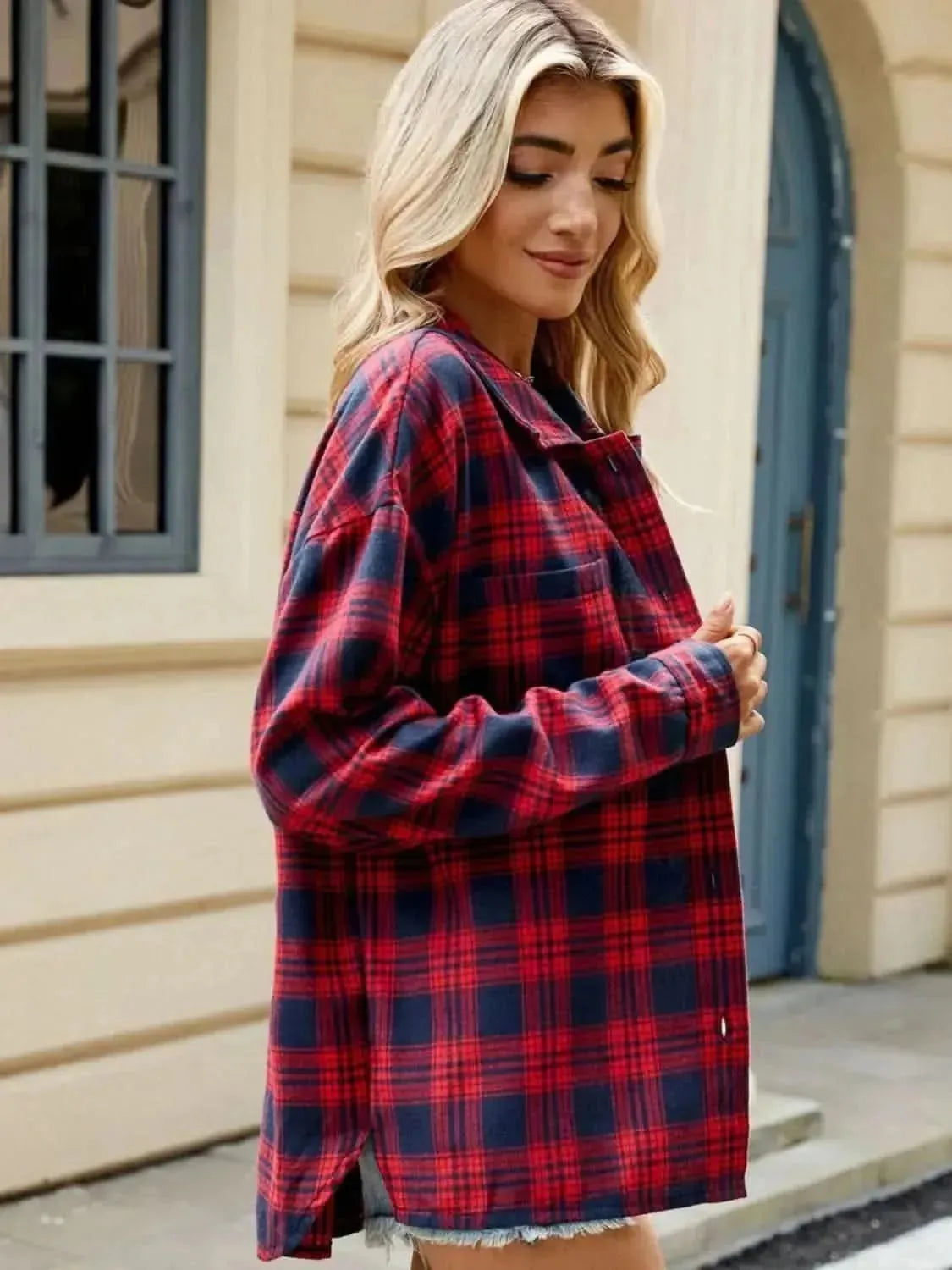 Plaid Collared Neck Long Sleeve Shirt - Bad Moms Club