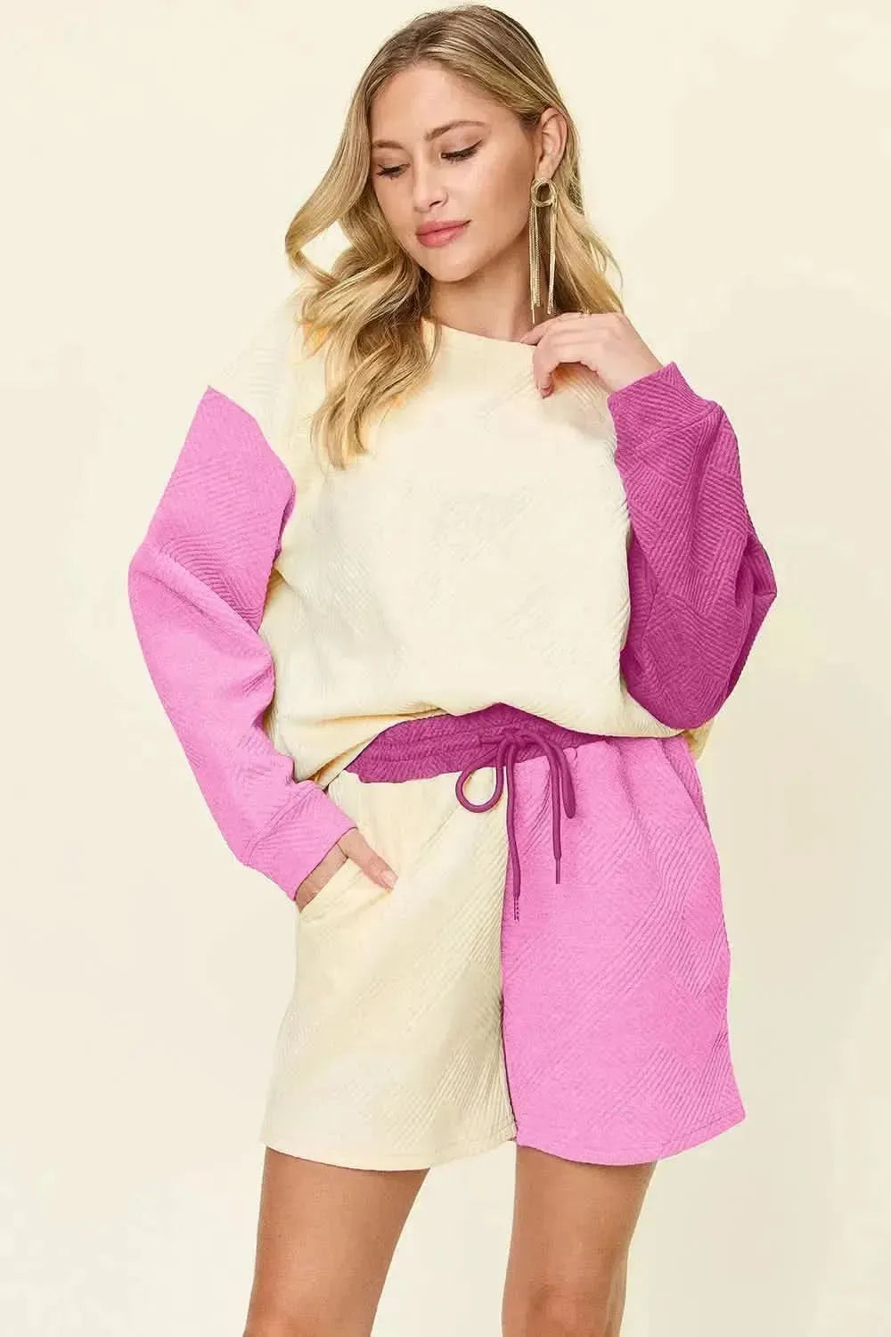 Double Take Full Size Contrast Drop Shoulder Top and Shorts Set - Bad Moms Club