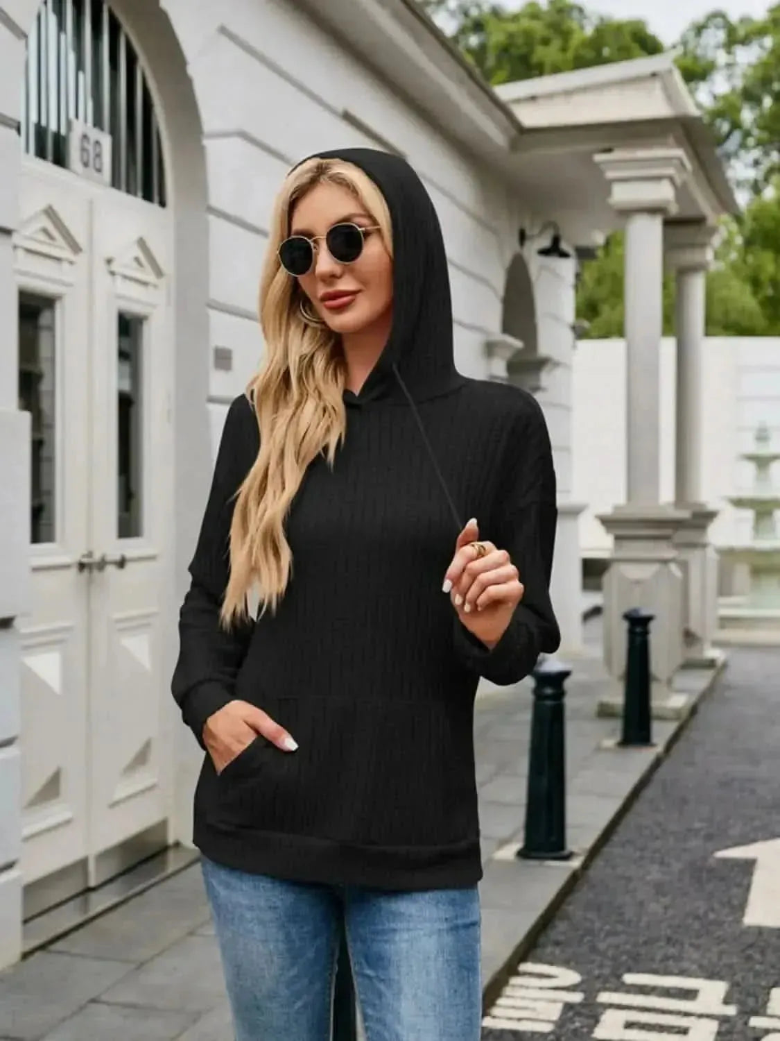 Ribbed Drawstring Long Sleeve Hoodie - Bad Moms Club