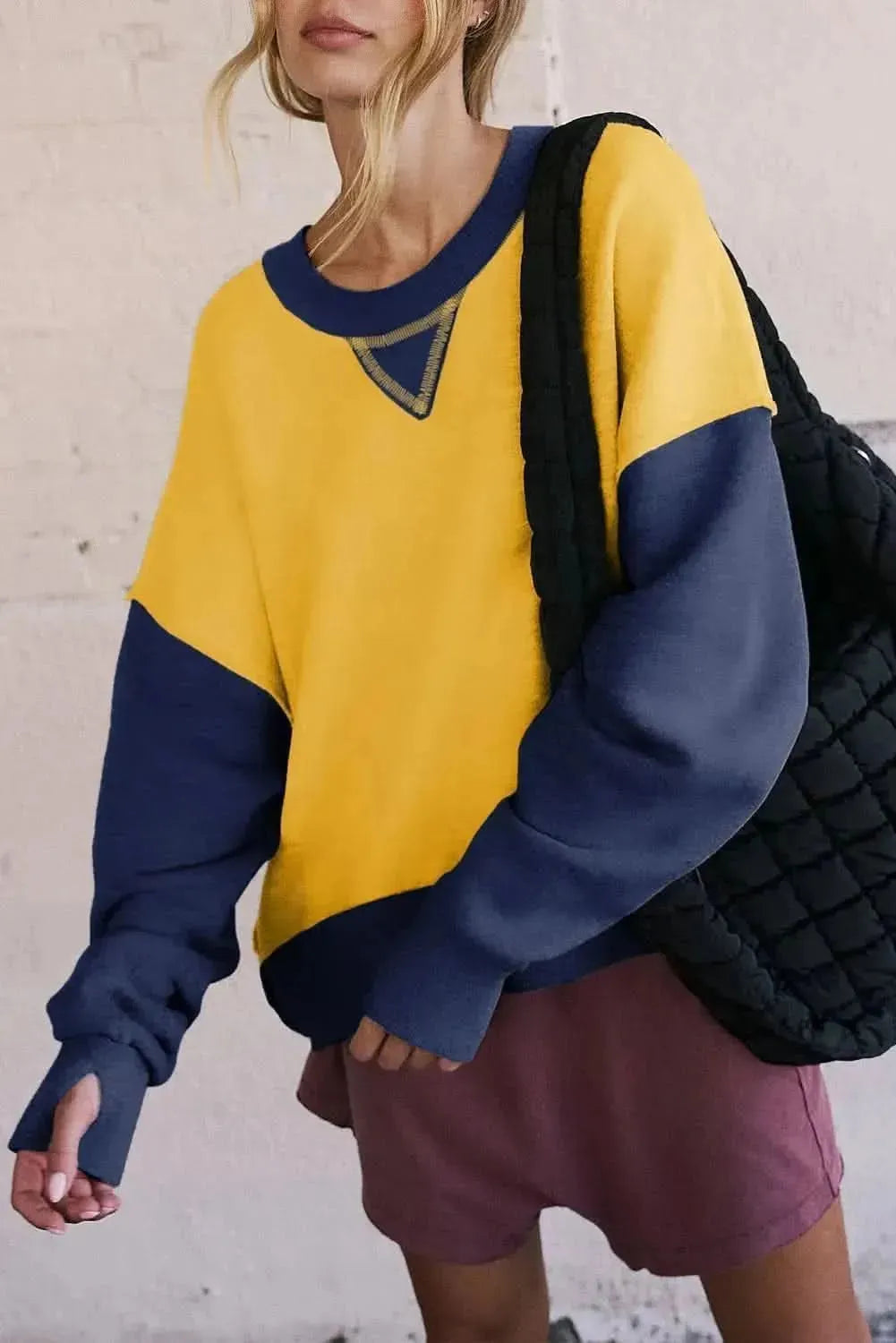 Color Block Round Neck Long Sleeve Sweatshirt - Bad Moms Club
