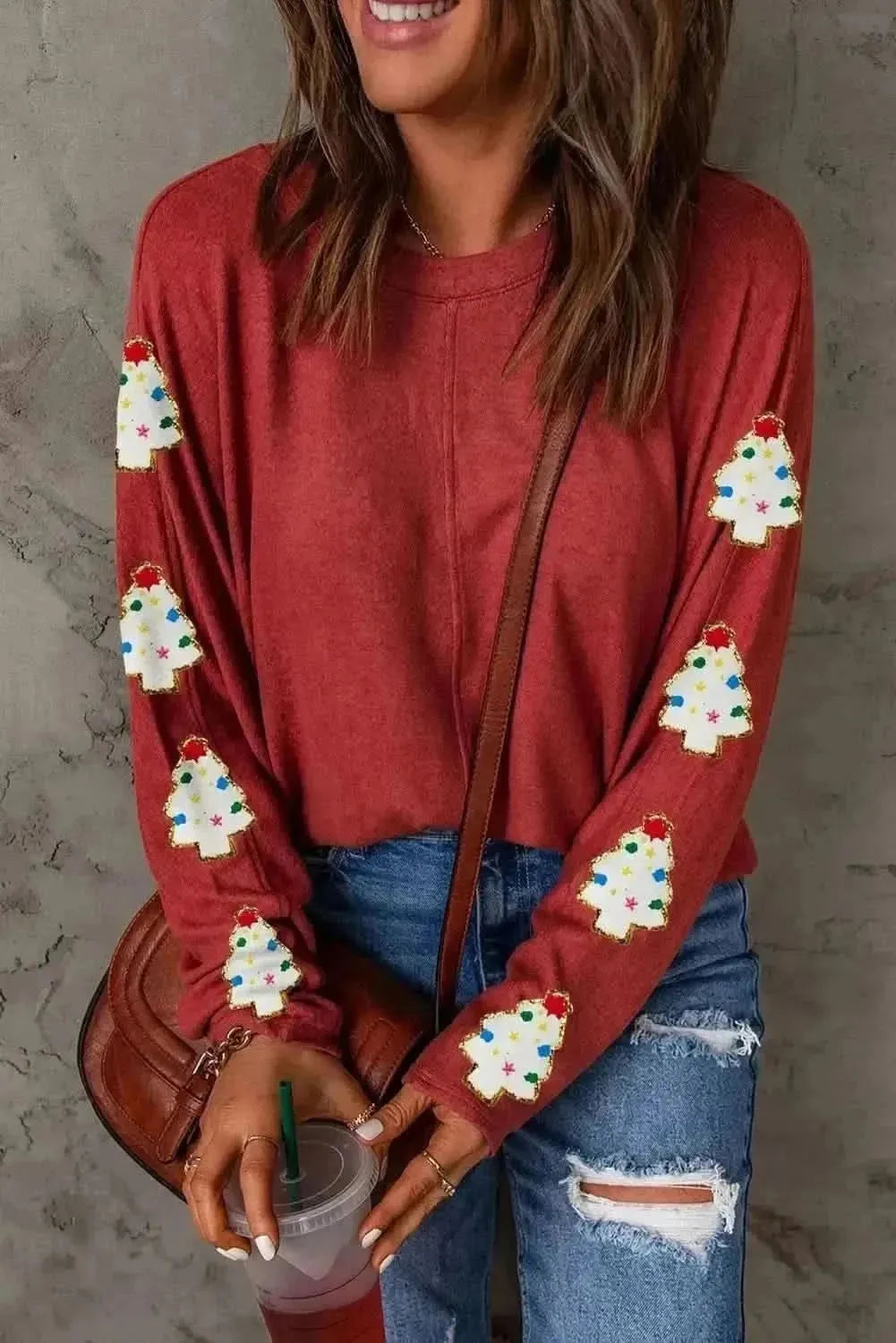 Christmas Tree Round Neck Long Sleeve Top - Bad Moms Club