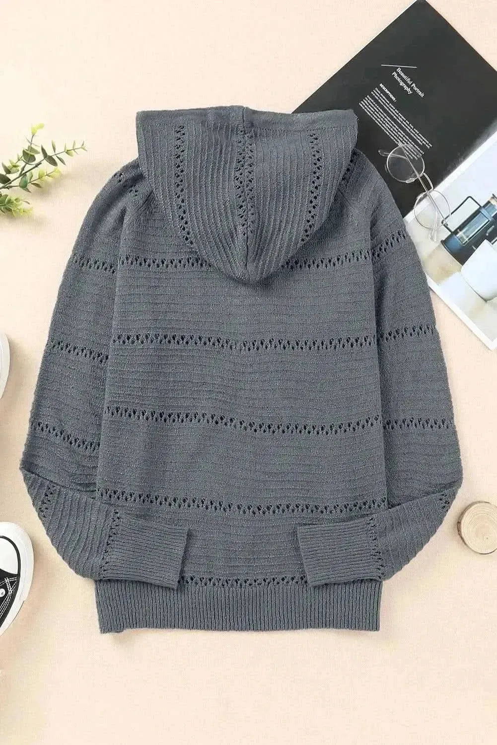 Zip-Up Raglan Sleeve Openwork Hooded Cardigan - Bad Moms Club