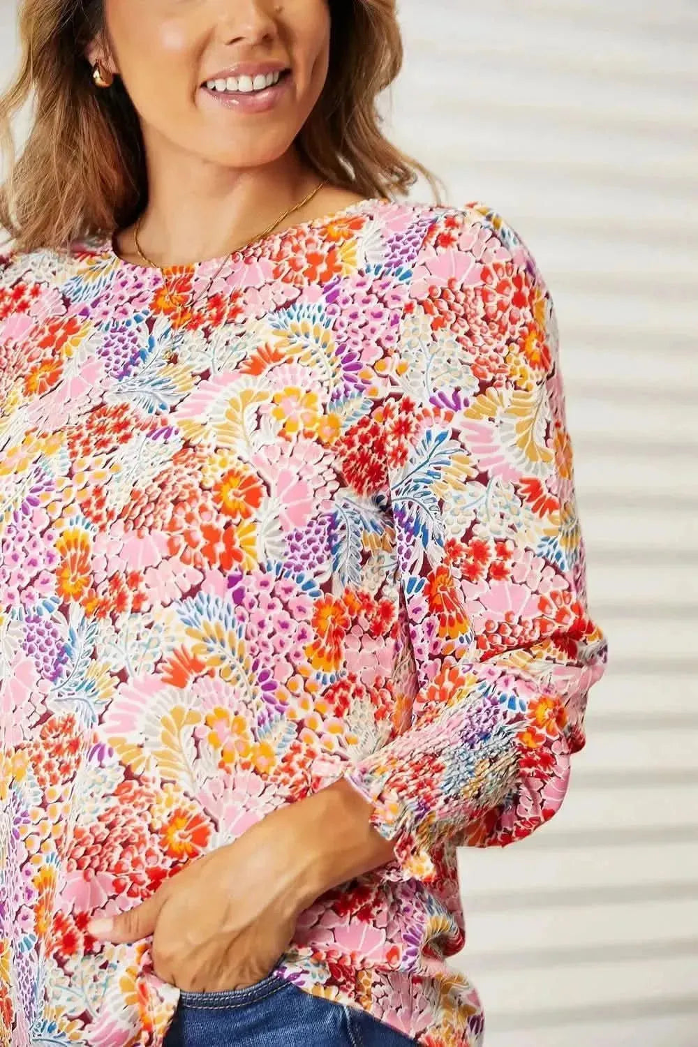 Double Take Floral Print Long Puff Sleeve Blouse - Bad Moms Club