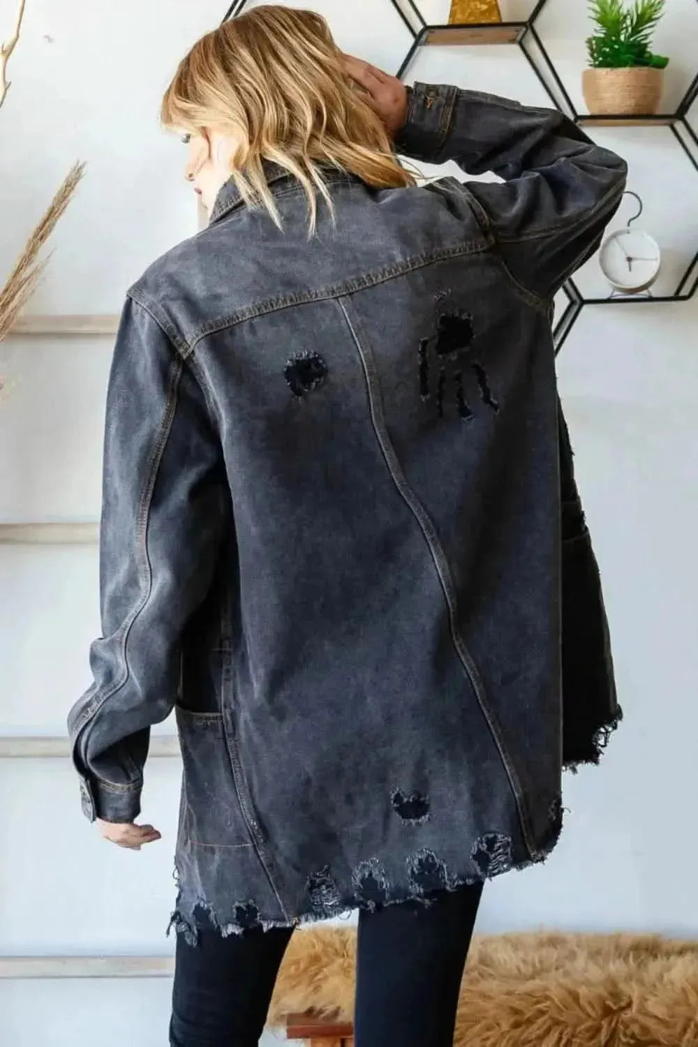 Veveret Button Up Distressed Frayed Hem Denim Jacket - Bad Moms Club