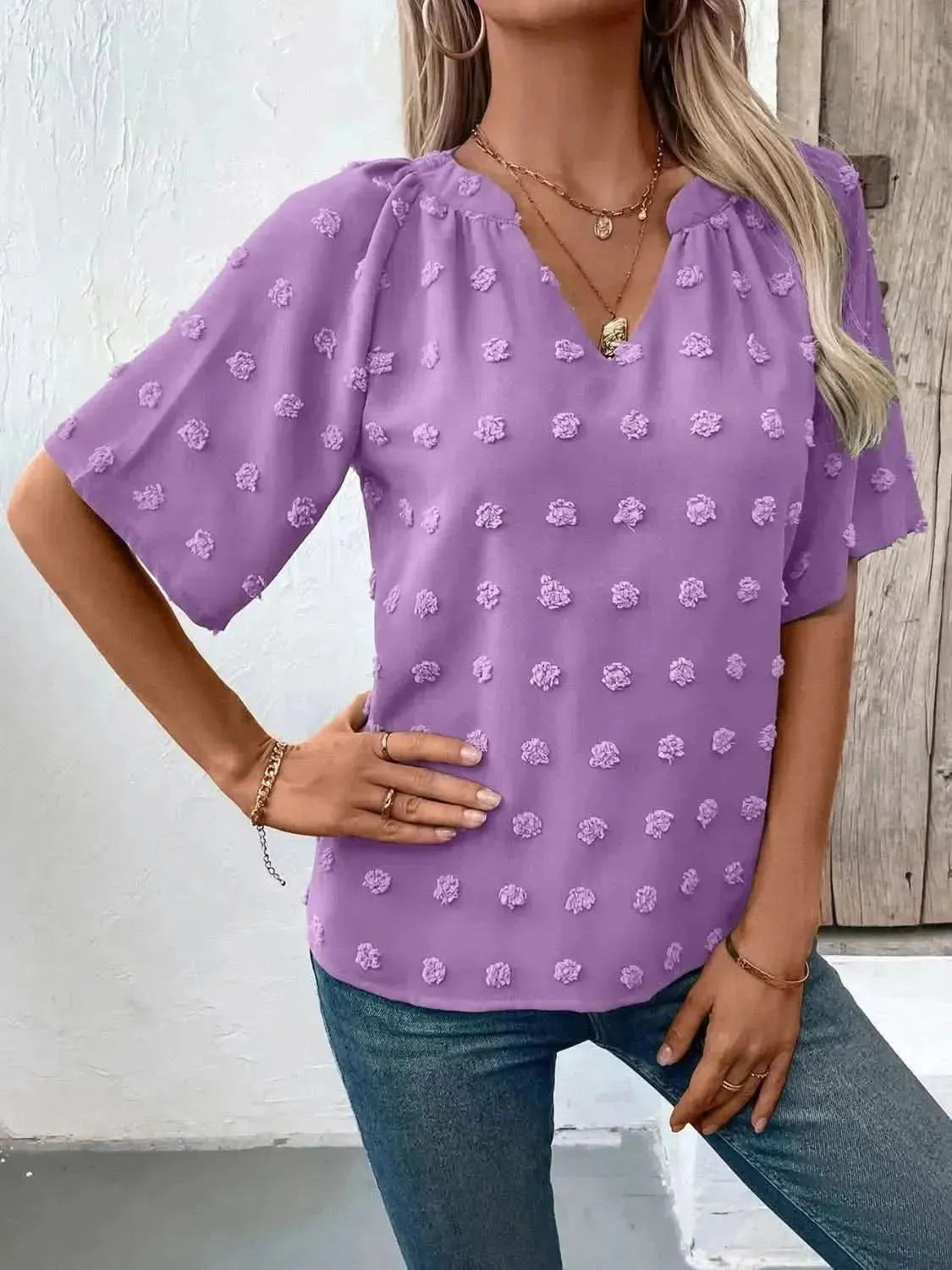 Ivy Lane Swiss Dot Notched Half Sleeve Blouse - Bad Moms Club