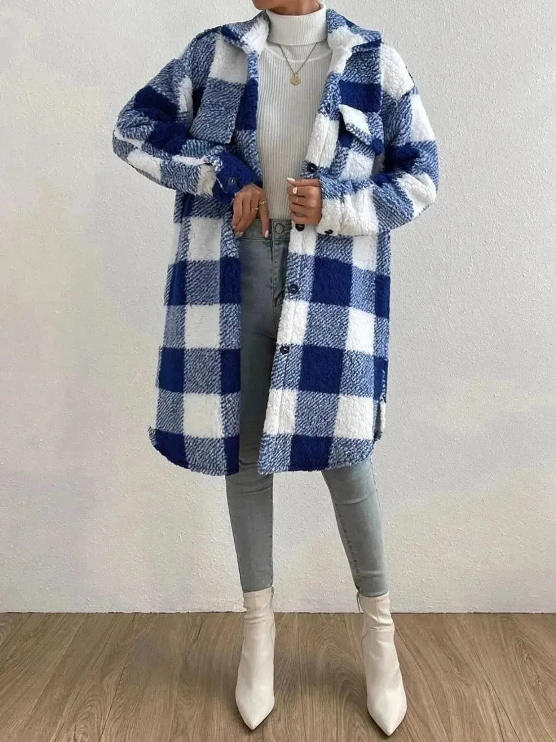 Plaid Collared Neck Button Down Coat - Bad Moms Club