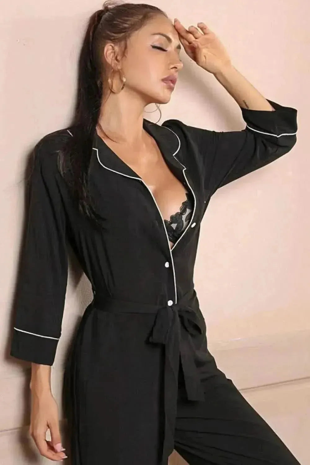 Contrast Belted Lapel Collar Jumpsuit - Bad Moms Club