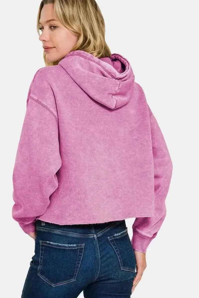 Zenana Acid Wash Fleece Cropped Hoodie - Bad Moms Club
