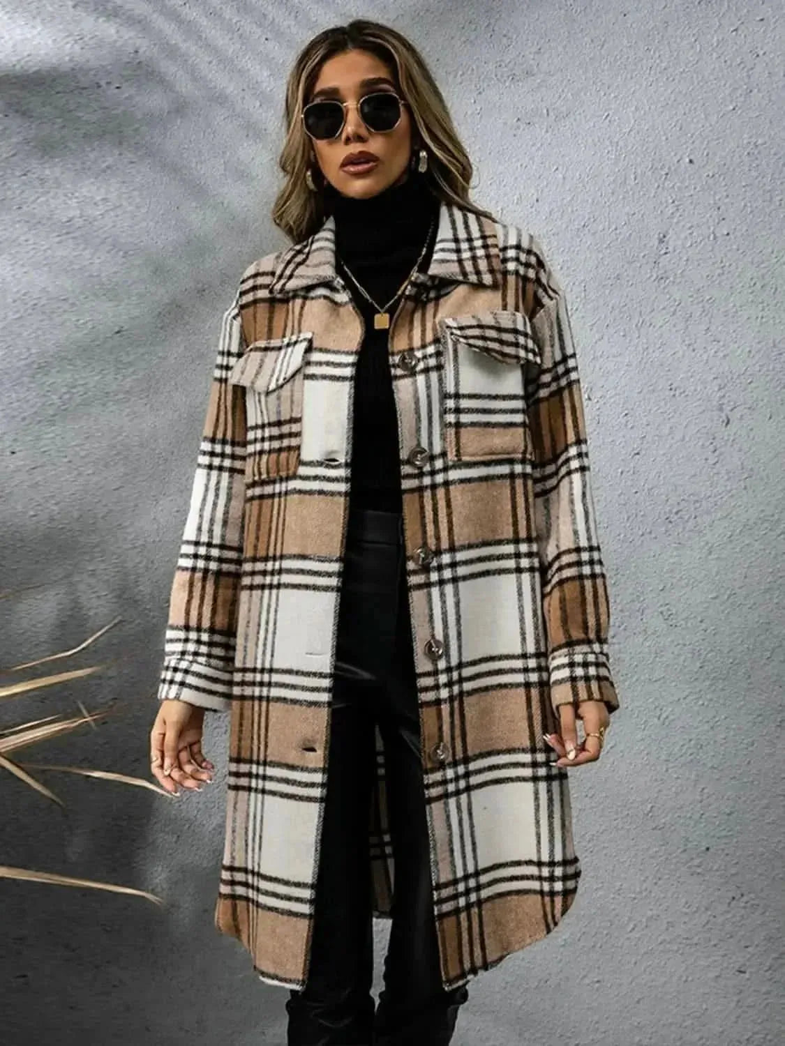 Plaid Collared Neck Long Sleeve Coat - Bad Moms Club