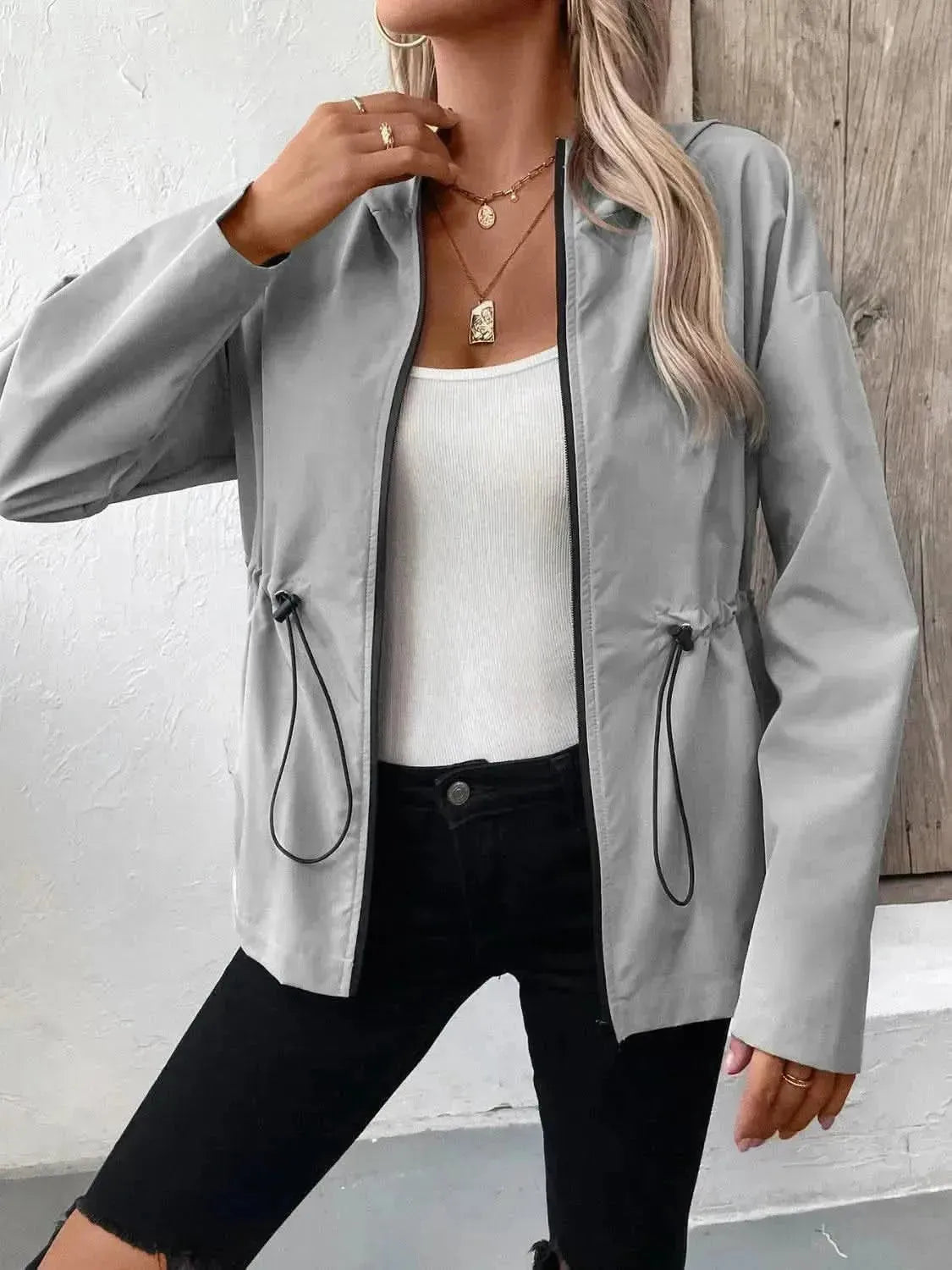 Drawstring Zip Up Hooded Jacket - Bad Moms Club