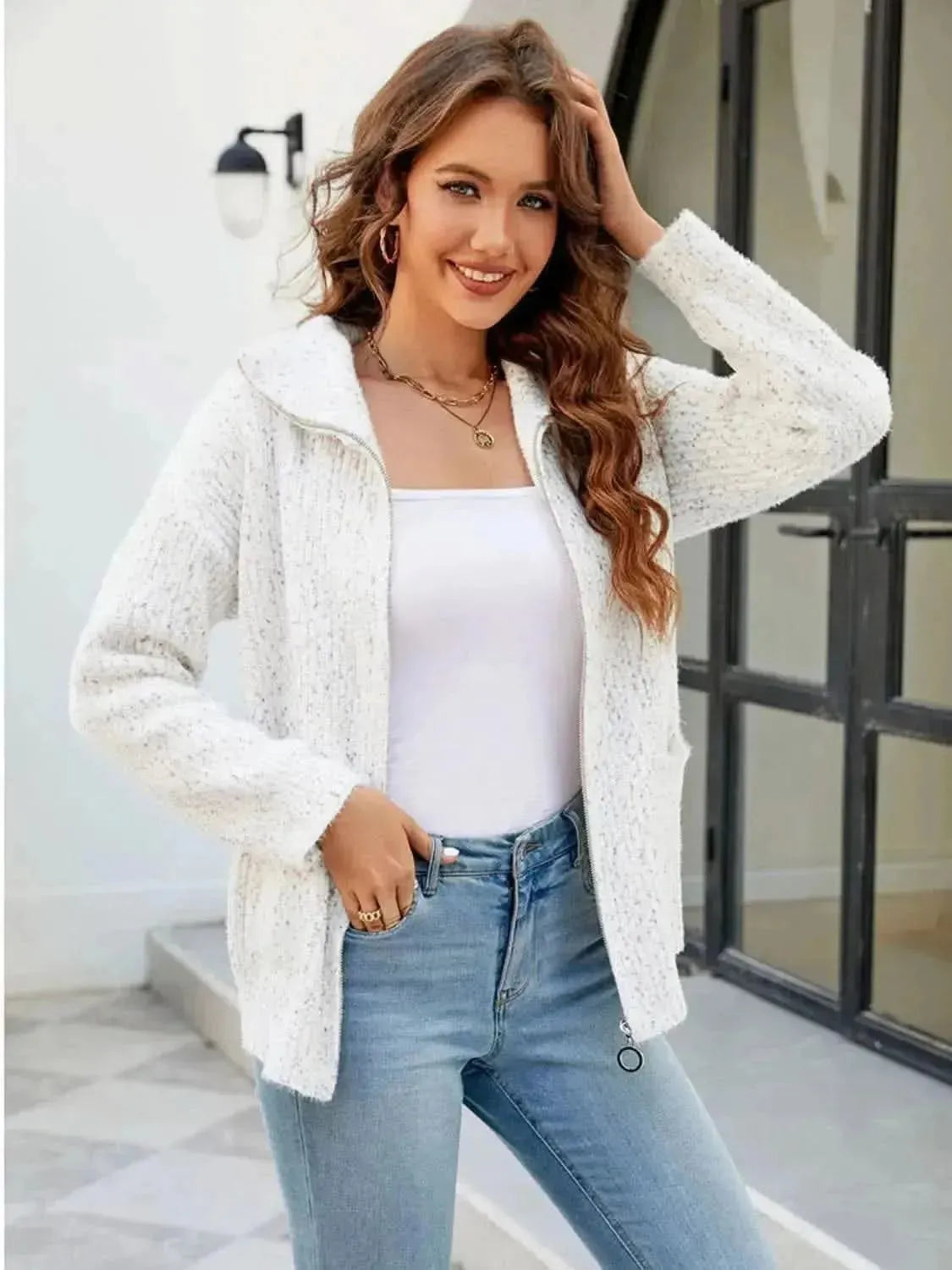 Zip-Up Collared Cardigan with Pockets - Bad Moms Club