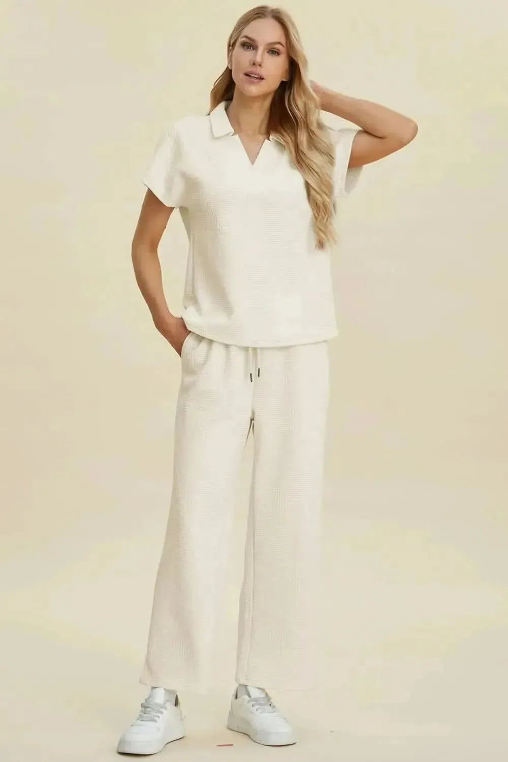 Double Take Full Size Collared Neck Short Sleeve Top and Pants Set - Bad Moms Club