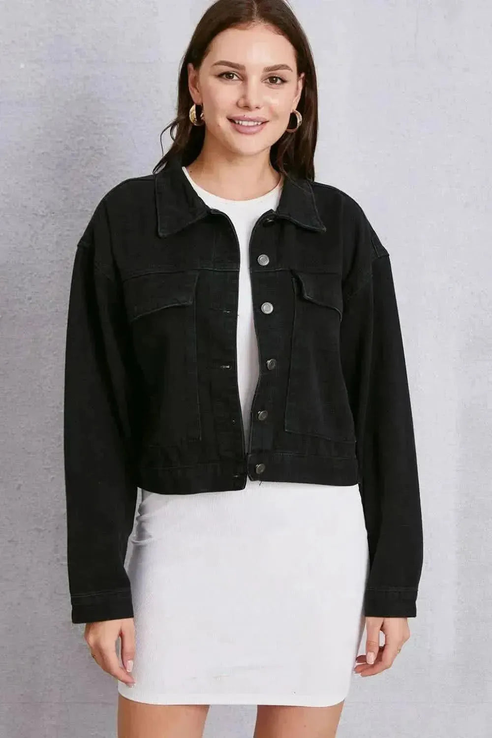 Button Up Dropped Shoulder Denim Jacket - Bad Moms Club