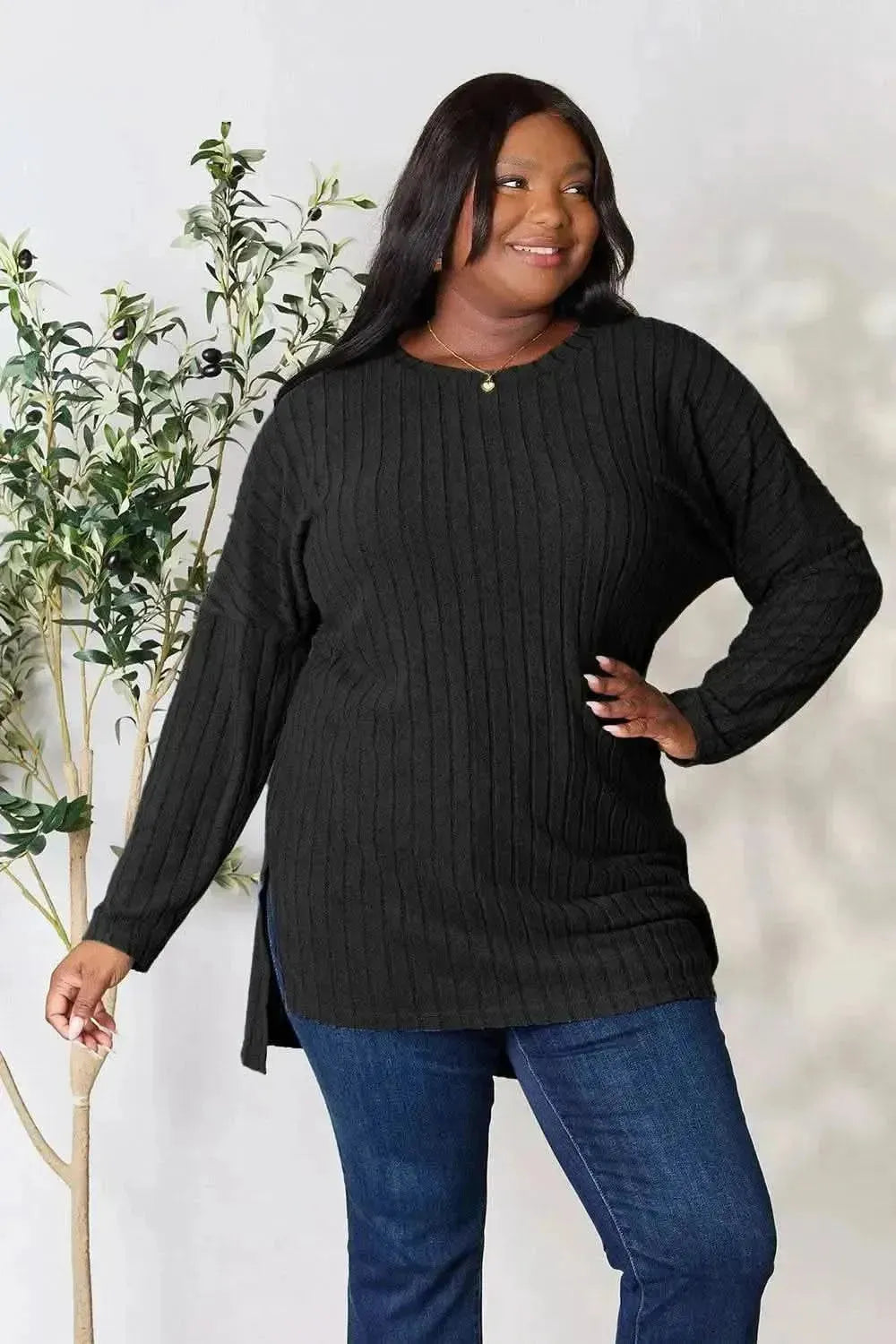 Basic Bae Full Size Ribbed Round Neck Long Sleeve Slit Top - Bad Moms Club