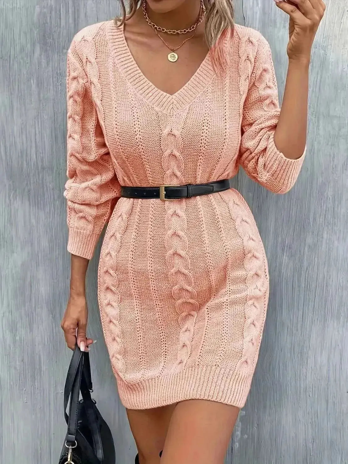 Cable-Knit V-Neck Sweater Dress - Bad Moms Club