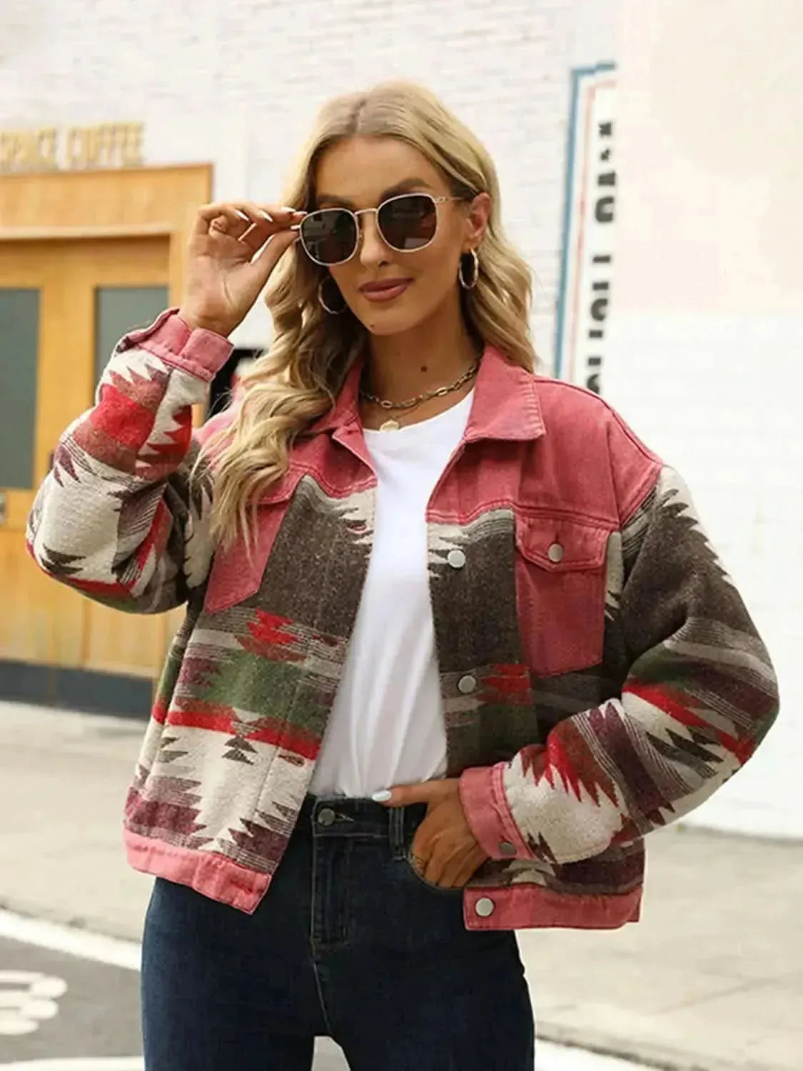 Printed Dropped Shoulder Long Sleeve Denim Jacket - Bad Moms Club