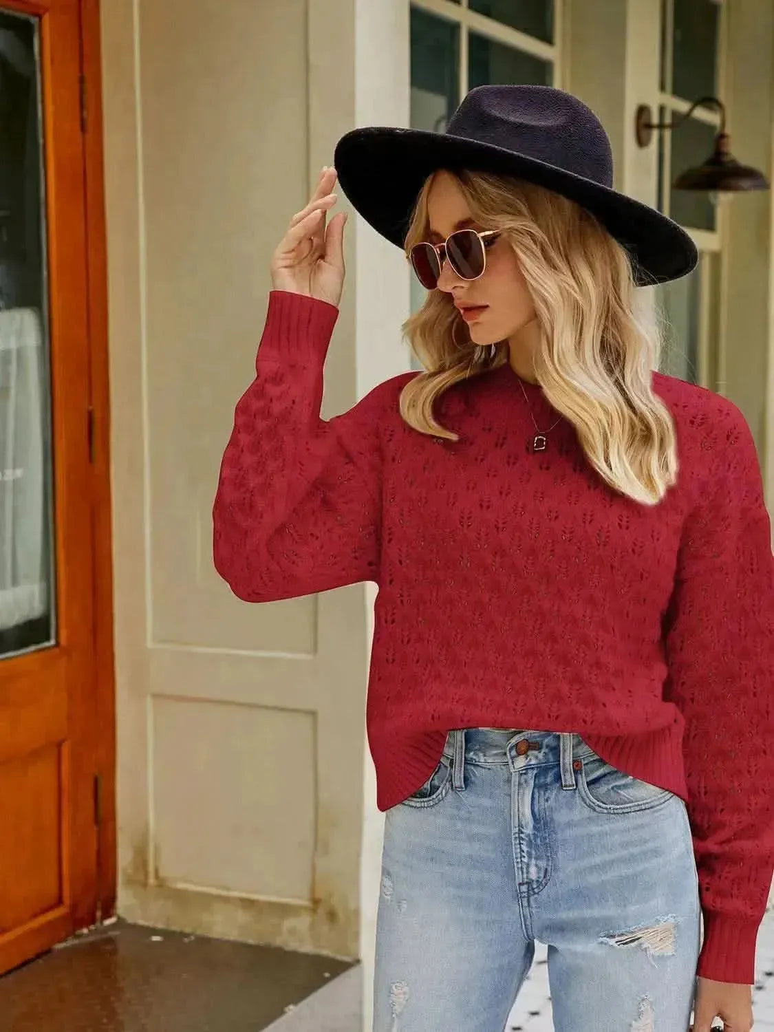 Openwork Round Neck Sweater - Bad Moms Club