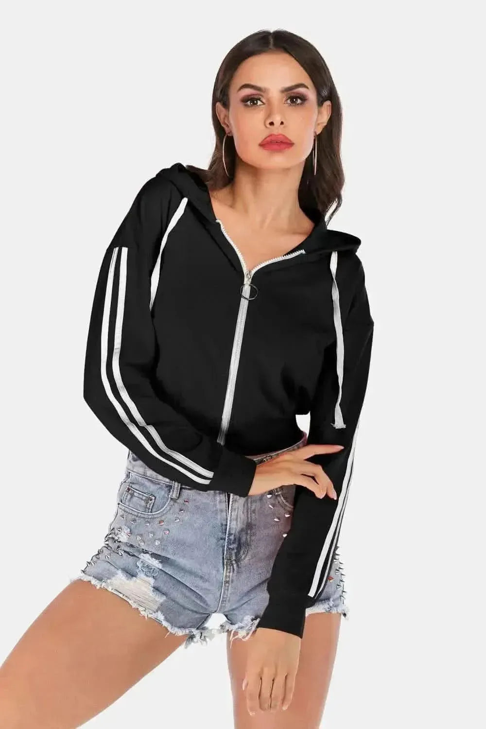 Perfee Side Stripe Drawstring Cropped Hooded Jacket - Bad Moms Club